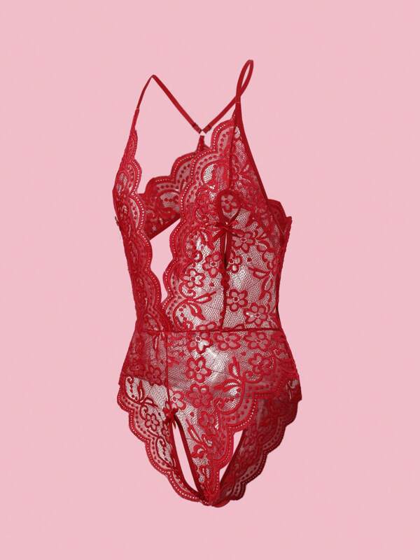 Deep V Lace Backless Bodysuit, Crotchless Open Bra Erotic Lingerie & Underpants, Women's Sexy Clothing