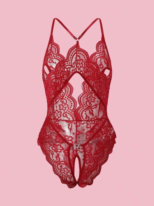 Deep V Lace Backless Bodysuit, Crotchless Open Bra Erotic Lingerie & Underpants, Women's Sexy Clothing