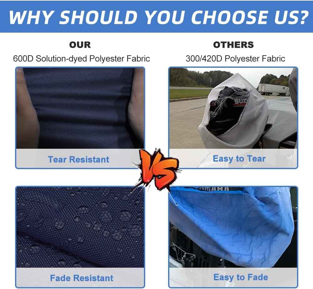 600D Fade and Crack Resistant Trailerable Outboard Motor Cover, Waterproof and UV-Proof Boat Motor Covers, Boat Engine Cover with Reflective Strips and Adjustable Strap(Fits 25-50 HP)
