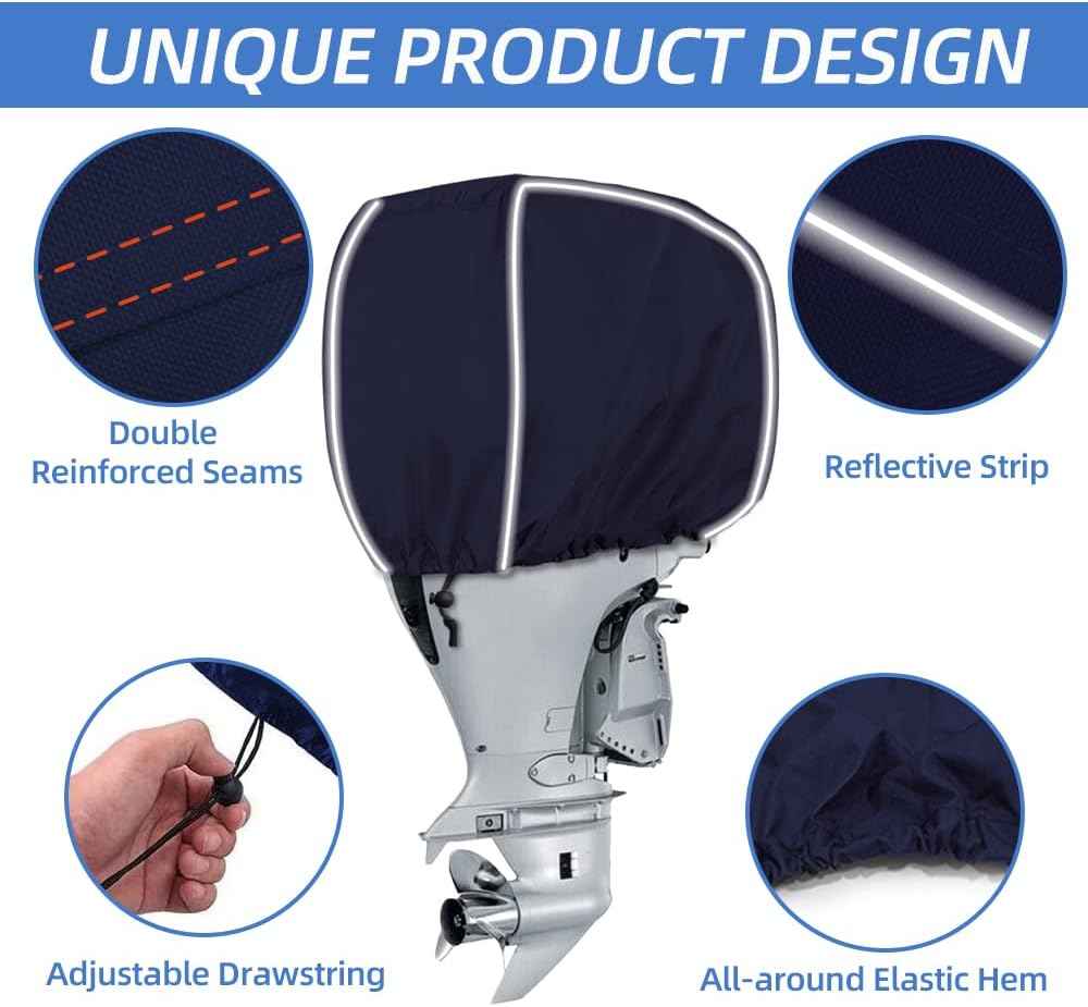 600D Fade and Crack Resistant Trailerable Outboard Motor Cover, Waterproof and UV-Proof Boat Motor Covers, Boat Engine Cover with Reflective Strips and Adjustable Strap(Fits 25-50 HP)