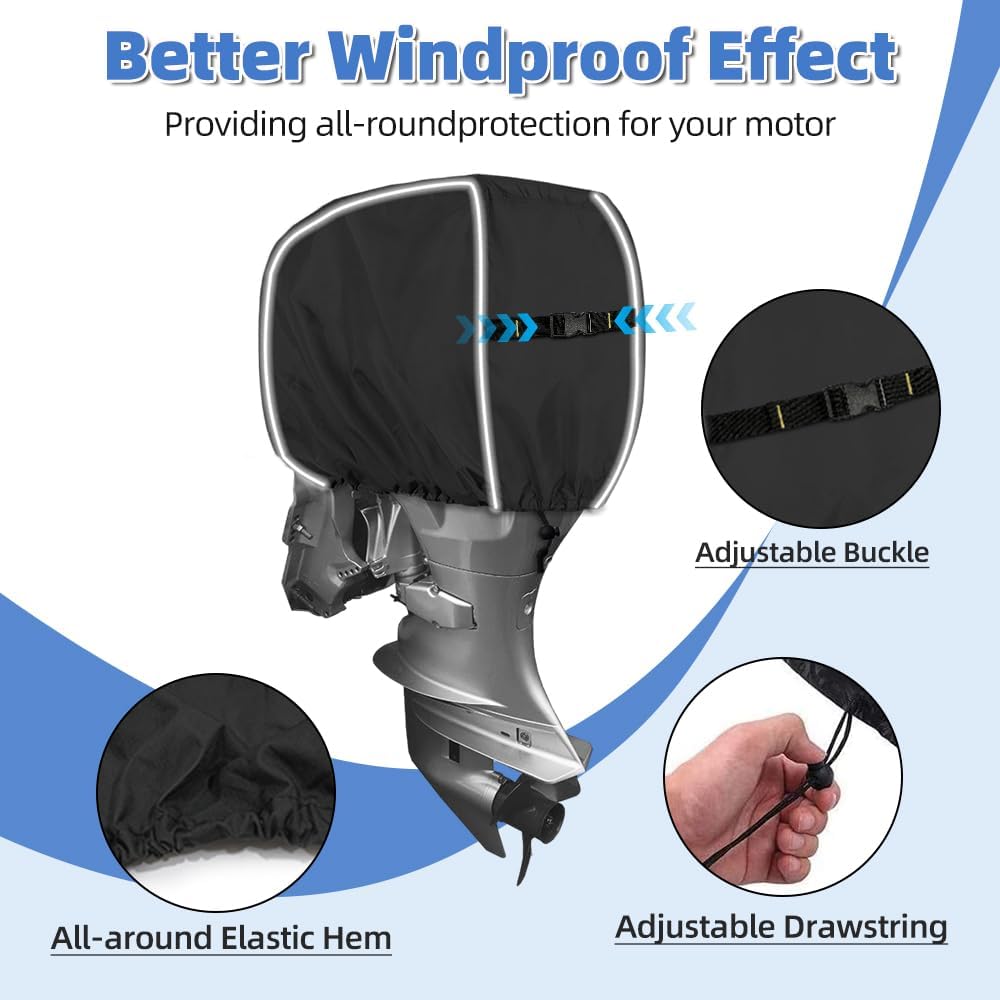 600D Outboard Motor Cover, Waterproof Fade and Crack Resistant Trailerable Boat Motor Covers,Windproof Boat Engined Covers with Adjustable Strap,Black (Fits 25-50HP)