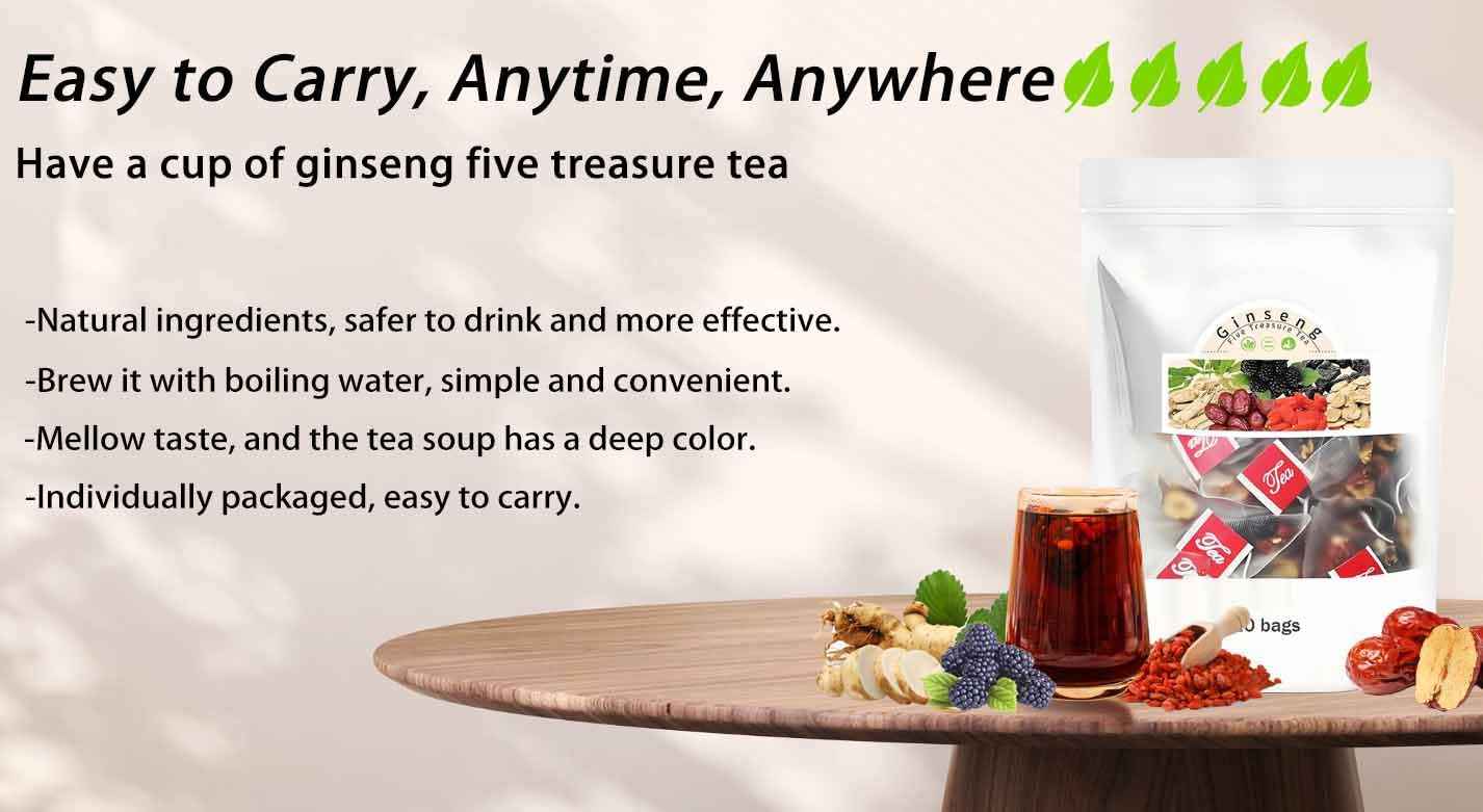 Kidney Tea Formula Ginseng Six Treasure Tea, Ginseng Five Treasure Teas, Kidney Cleanse Detox Beverage for Women & Men, Nnatural Ingredients Sweet Taste and Aroma -40bags