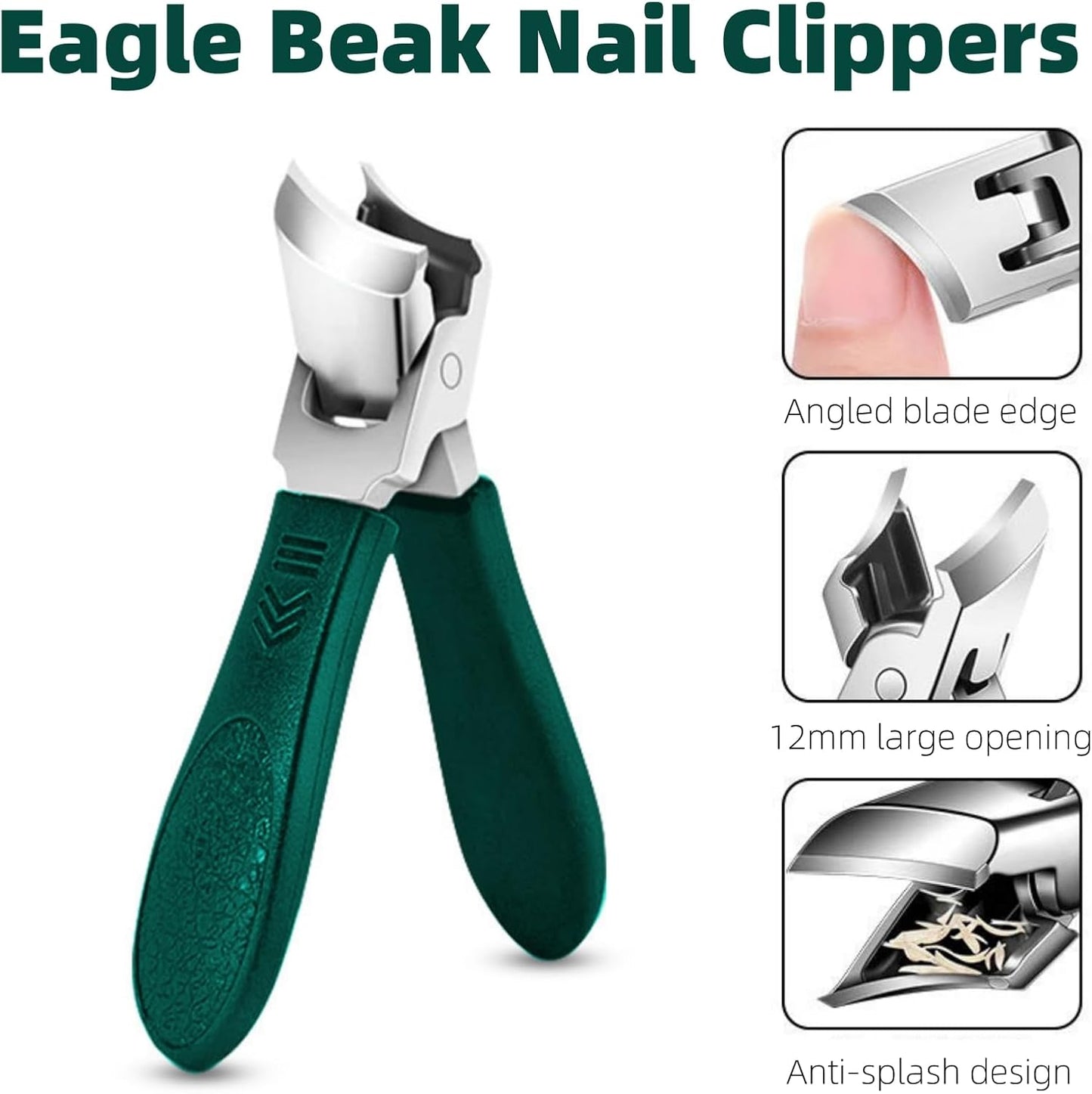 Eagle Beak Nail Clippers, 3-Piece Sets of Wide Jaw Opening Anti-Splash Slanted Nail Clipper for Ingrown and Wide Jaw Slanted Toenail