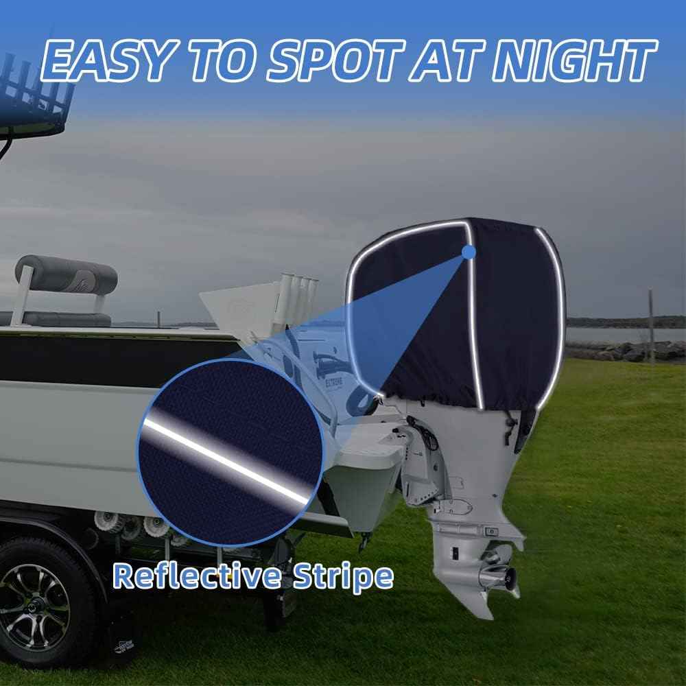600D Fade and Crack Resistant Trailerable Outboard Motor Cover, Waterproof and UV-Proof Boat Motor Covers, Boat Engine Cover with Reflective Strips and Adjustable Strap(Fits 25-50 HP)