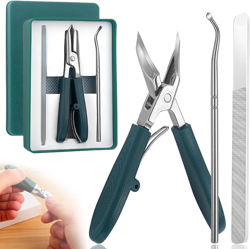 Professional Eagle Beak Angled Nail Clippers Set - Wide Slanted Design for Thick & Ingrown Nails, Splash-Proof with Long Handle Clippers forSeniors and Tough Nails (3-Pack, Green)