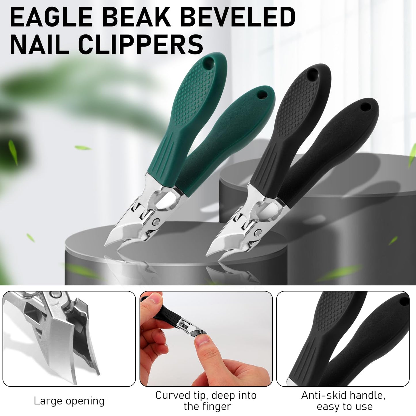 Eagle Beak Beveled Nail Clippers,Wide Jaw Opening Anti-Splash Slanted Nail Clipper,Edge Nail Clippers 3-Piece Set,Long Handle Wide Jaw Opening Anti-Splash Slanted Nail Clipper for Men Women(Green)