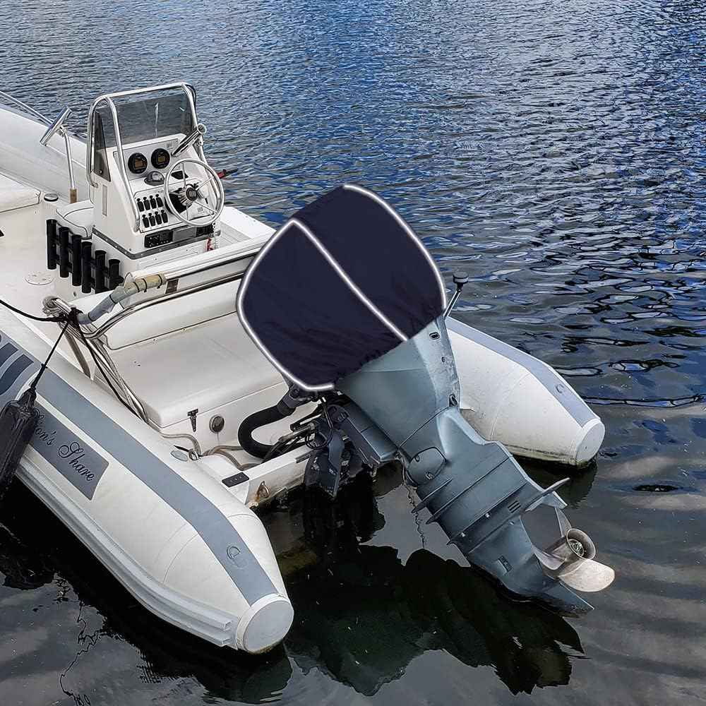 600D Fade and Crack Resistant Trailerable Outboard Motor Cover, Waterproof and UV-Proof Boat Motor Covers, Boat Engine Cover with Reflective Strips and Adjustable Strap(Fits 25-50 HP)