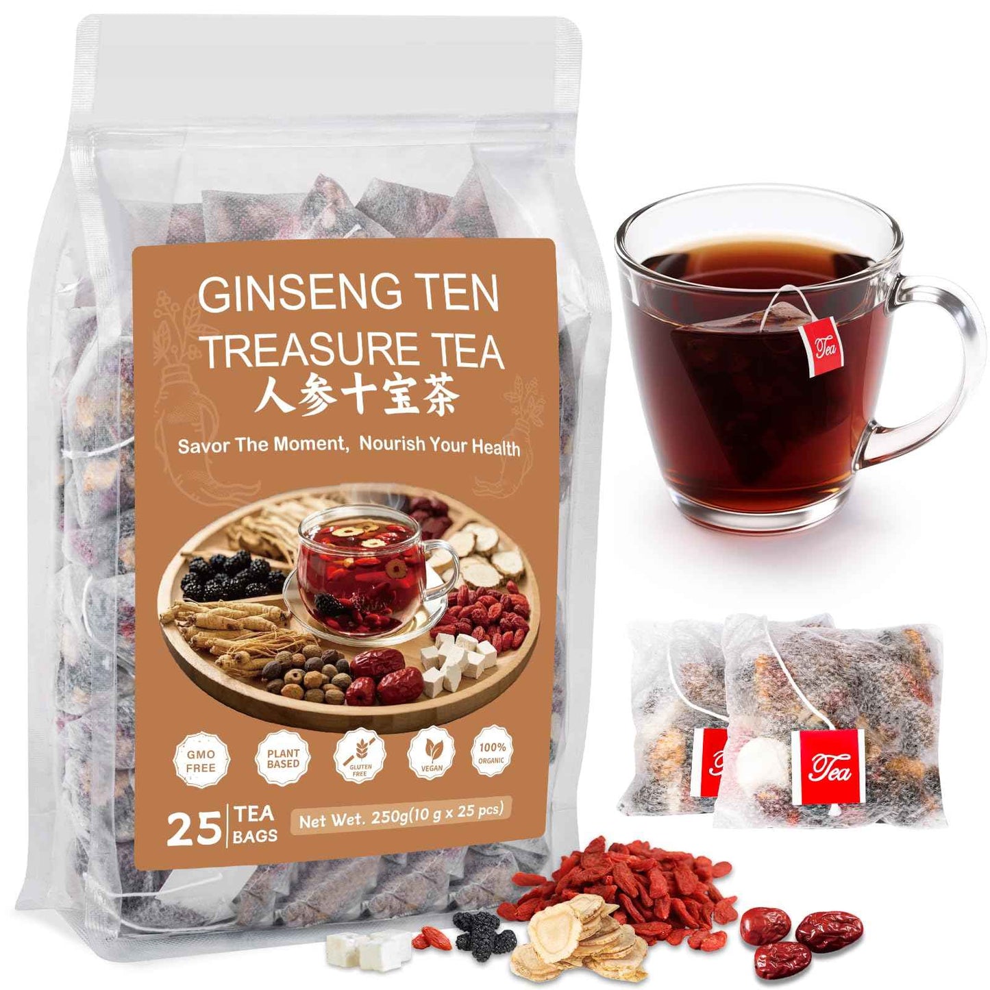 Ginseng Ten Treasure Tea Kidney Tea, Natural Chinese Herbal Kidney Cleanse Detox Teabag Support Liver & Kidneys Health for Men Women, No Additives, Caffeine Free(25 Bags/1 Pack)