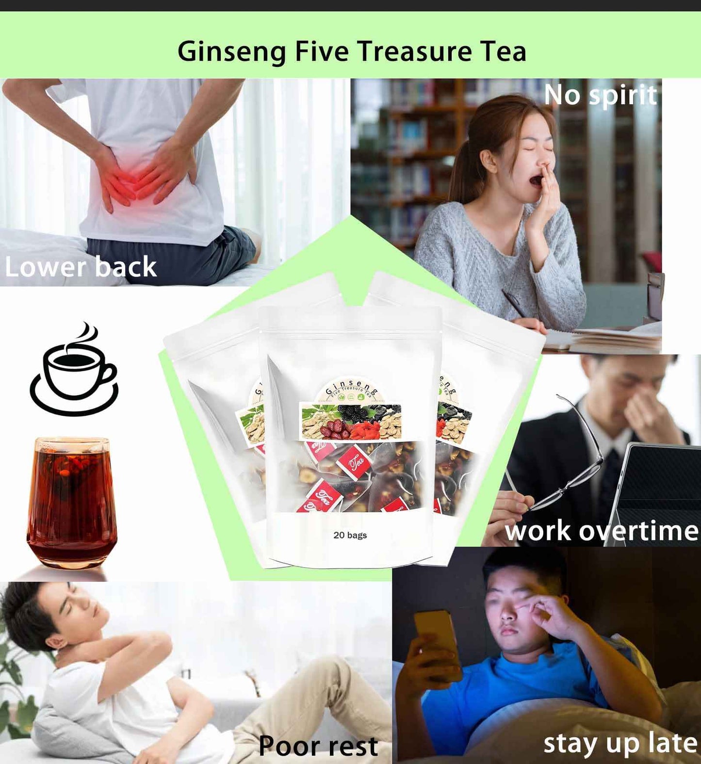 Kidney Tea Formula Ginseng Six Treasure Tea, Ginseng Five Treasure Teas, Kidney Cleanse Detox Beverage for Women & Men, Nnatural Ingredients Sweet Taste and Aroma -40bags