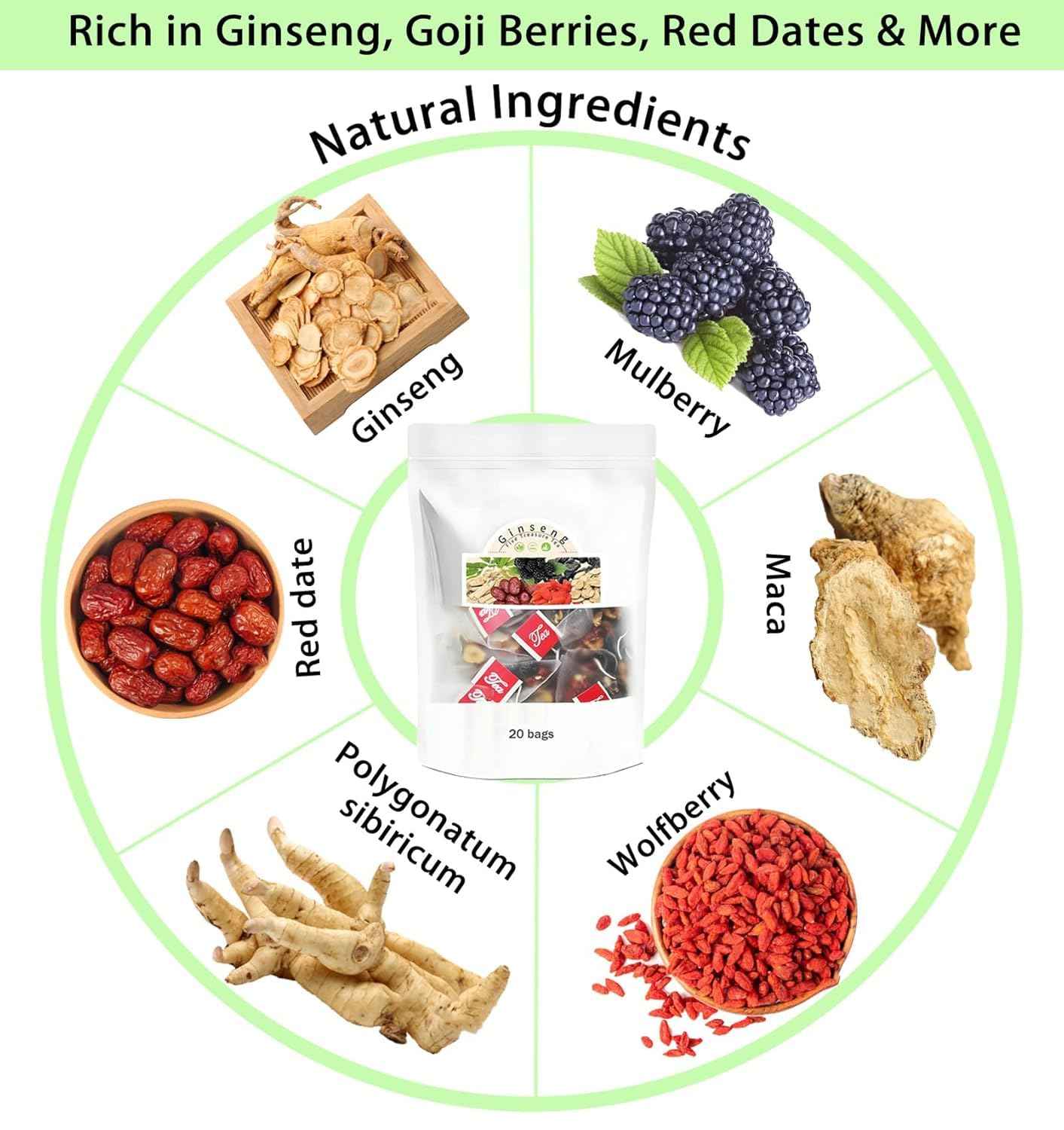 Ginseng Five Treasures Tea Kidney Tea - Kidney Cleanse Ginseng Six Treasures Teas, 6 Precious Ingredients Red Date Wolfberry Mulberry Natural Organic Detox Teabag for Women & Men (1 Bag(20 Teabag))