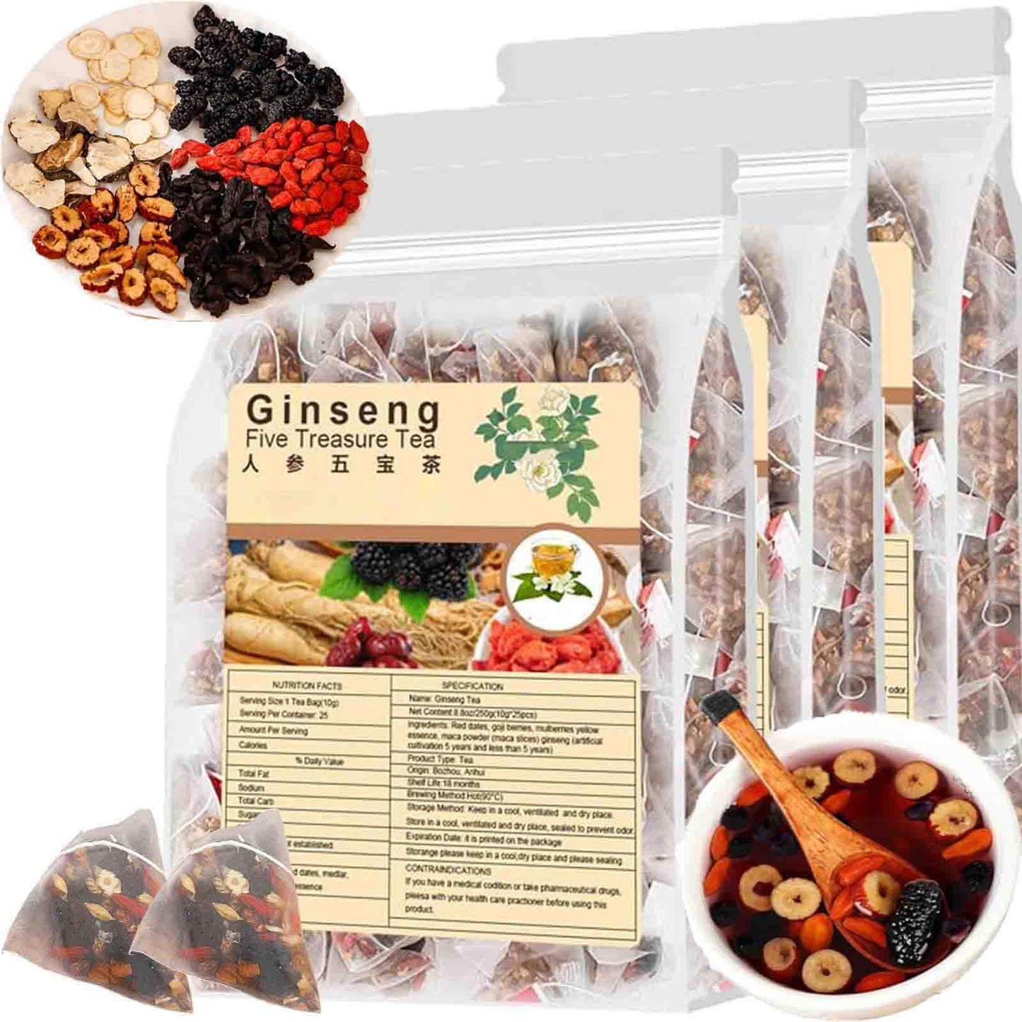Ginseng Five Treasure Tea - Kidney Tea Formula Ginseng Six Treasure Goji Berry Red Date Mulberry Gouqi Chinese Kidney Cleanse TeaBag, Te De Riñon Saludable for Men Women (2Bag(50pcs))