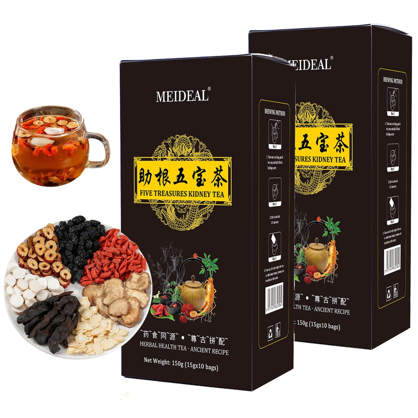Ginseng Five Treasures Tea Kidney Tea, Ginseng Six TreasureTea, Traditional KidneyTea for Men and Women, 7 Precious Ingredients Formula, Chinese HerbalTea for Kidney (1 Box-10 bags)