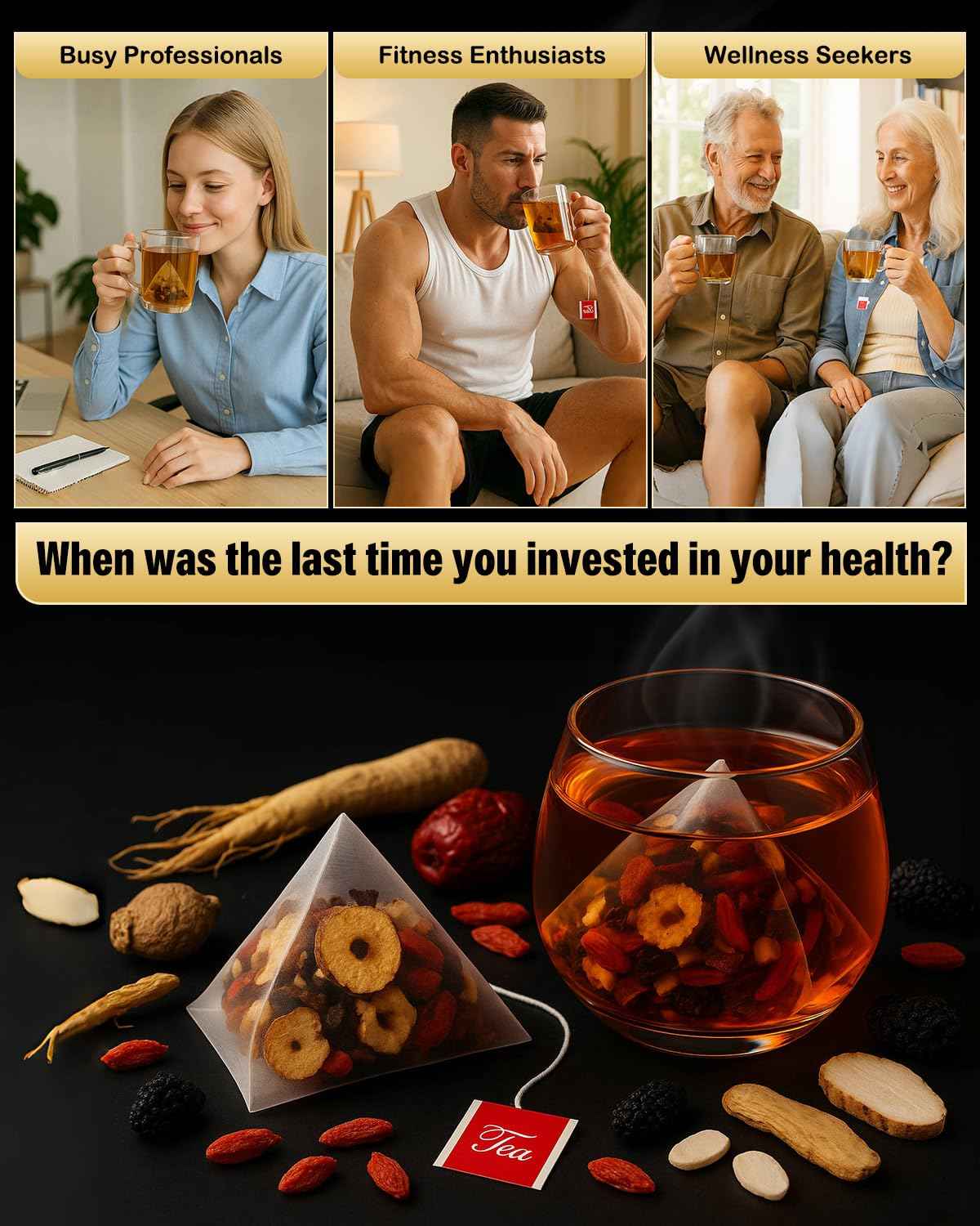 Kidney Tea - Ginseng Six Treasure Tea for Men & Women, Herbal Ginseng Tea Bags for Liver 7 Precious Natural Ingredients Formula, Thoughtful Gift for Spouses, Parents, Gym-Goers(1 Pack/25 Bags)