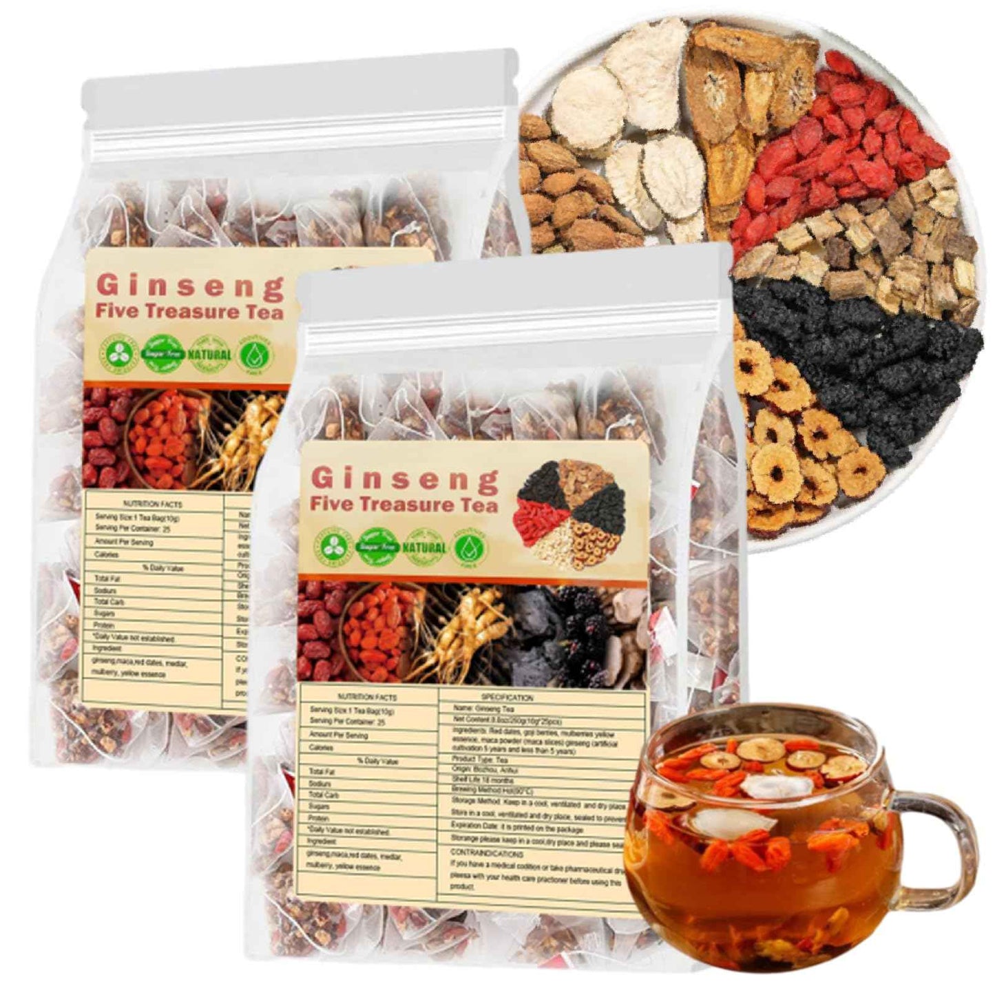 Ginseng Five Treasure Tea - Kidney Wubao Tea, Ginseng Kidney Teas Formula Five Treasure Red Date Natural Chinese Herbal Teas, te de riñon Saludable Organica (1Pack(25Bags))