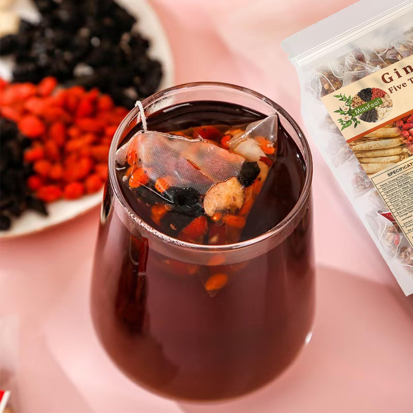 Ginseng Five Treasure Tea, Kidney Tea Formula Ginseng Six Treasure Natural Detox for Men & Women, Organic Chinese Herbal Tea, 6 Precious Ingredients Formula (2 Bags 50 Pcs)