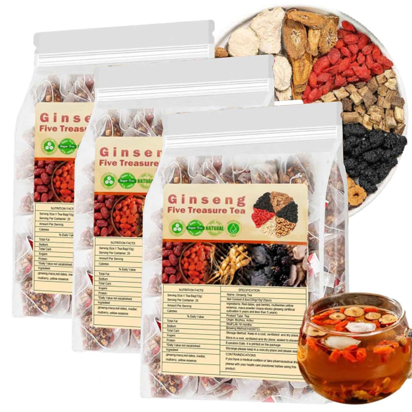 Ginseng Five Treasure Tea - Kidney Wubao Tea, Ginseng Kidney Teas Formula Five Treasure Red Date Natural Chinese Herbal Teas, te de riñon Saludable Organica (1Pack(25Bags))