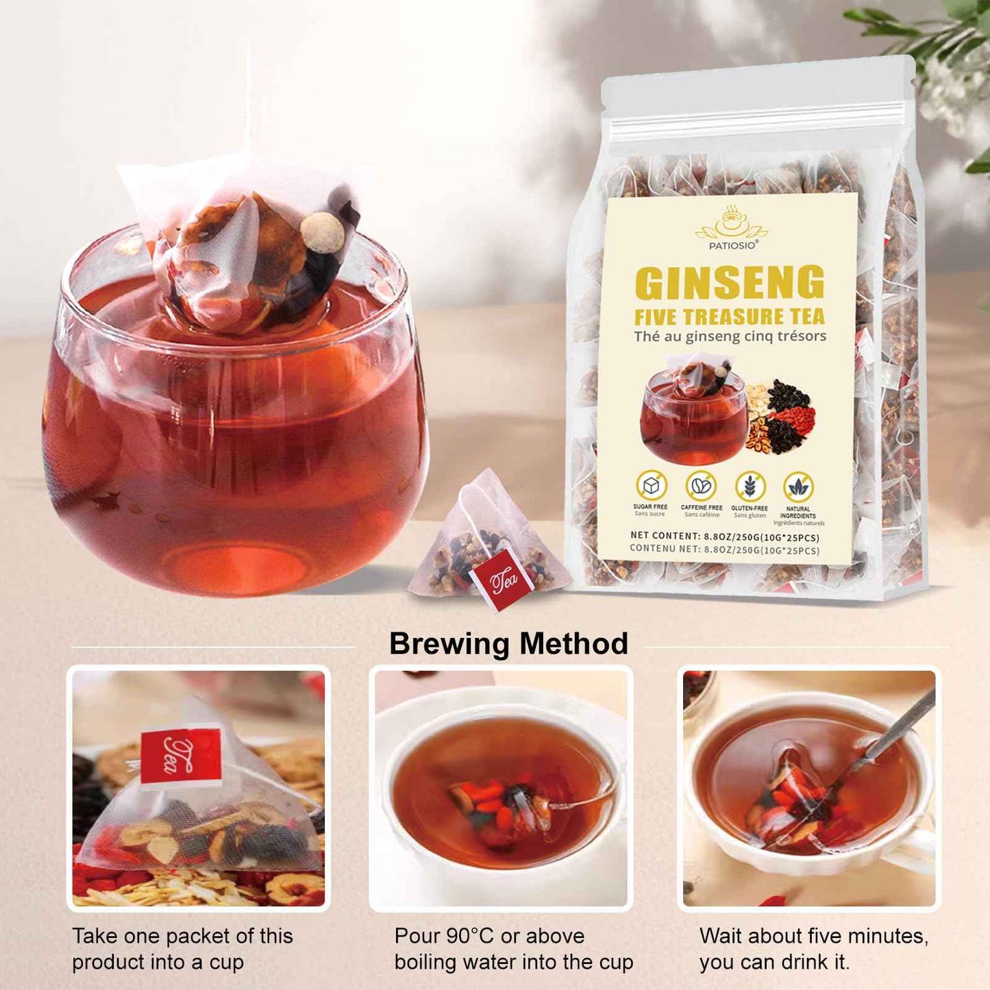 Ginseng Five Treasures Tea - Kidney Tea Wubao Tea, Kidney Cleanse Tea Ginseng Six Treasures Tea, Ginseng Red Date Natural Chinese Herbal Tea Bags for Men Women(250g/10g x25pcs)