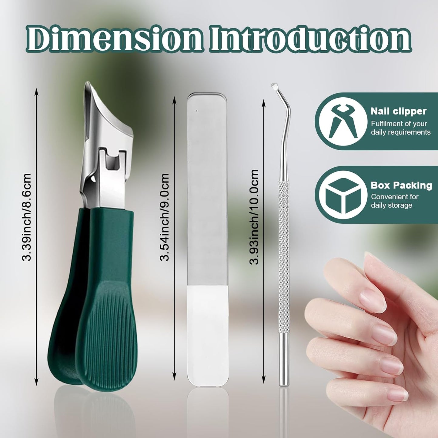 3 Piece Green Eagle Beak Nail Clipper Set, Wide Jaw Opening Anti-Splash Slanted Nail Clipper for Men Women