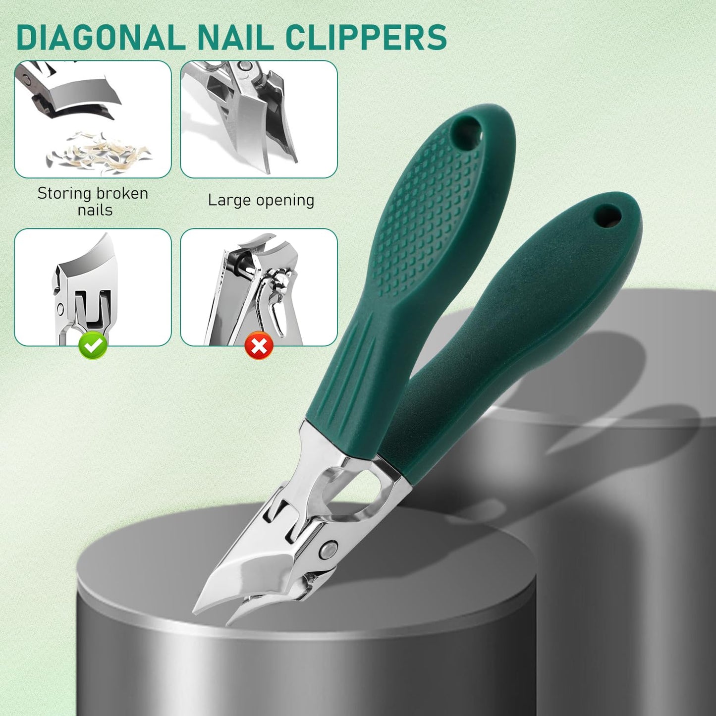 Eagle Beak Beveled Nail Clippers,Wide Jaw Opening Anti-Splash Slanted Nail Clipper,Edge Nail Clippers 3-Piece Set,Long Handle Wide Jaw Opening Anti-Splash Slanted Nail Clipper for Men Women(Green)