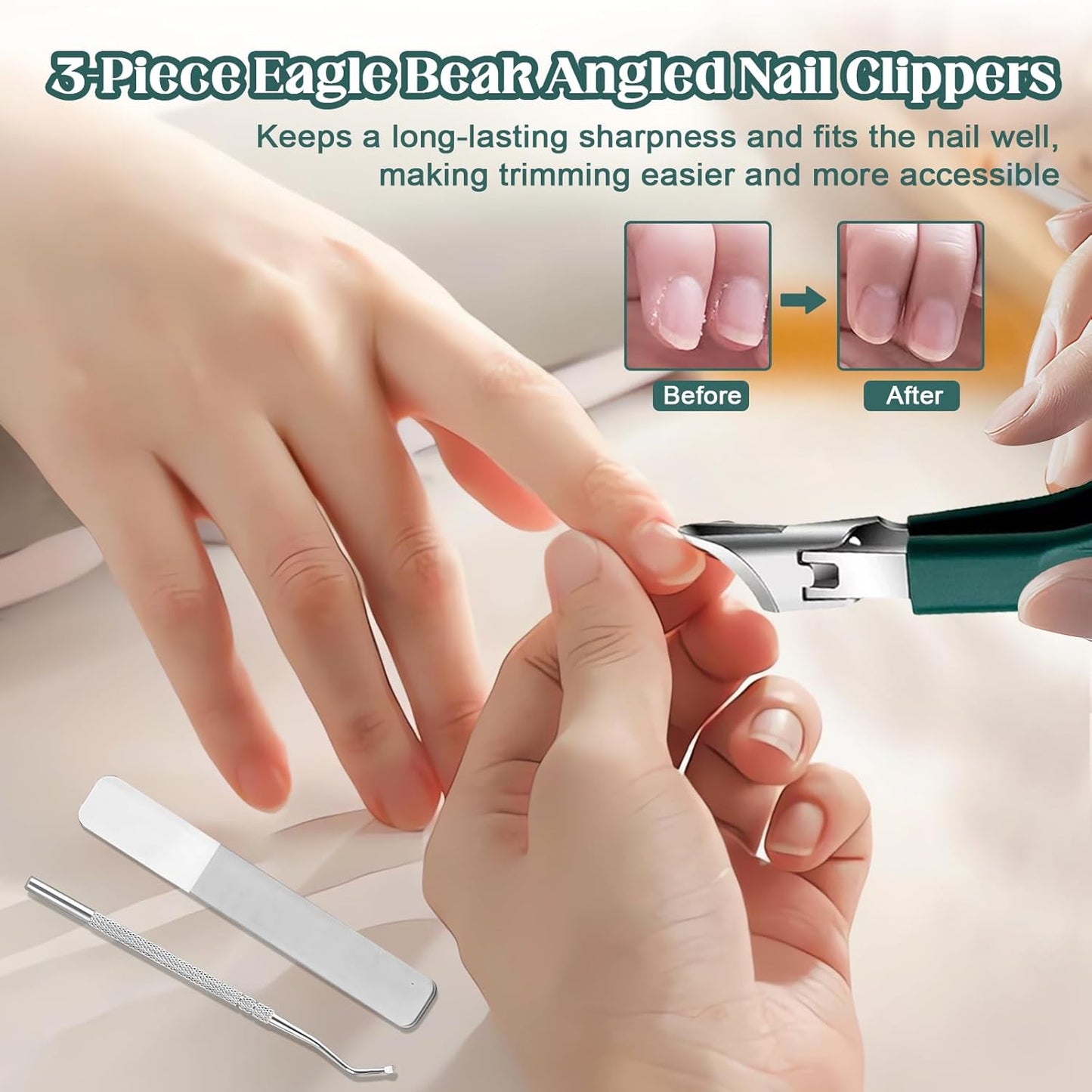 3 Piece Green Eagle Beak Nail Clipper Set, Wide Jaw Opening Anti-Splash Slanted Nail Clipper for Men Women