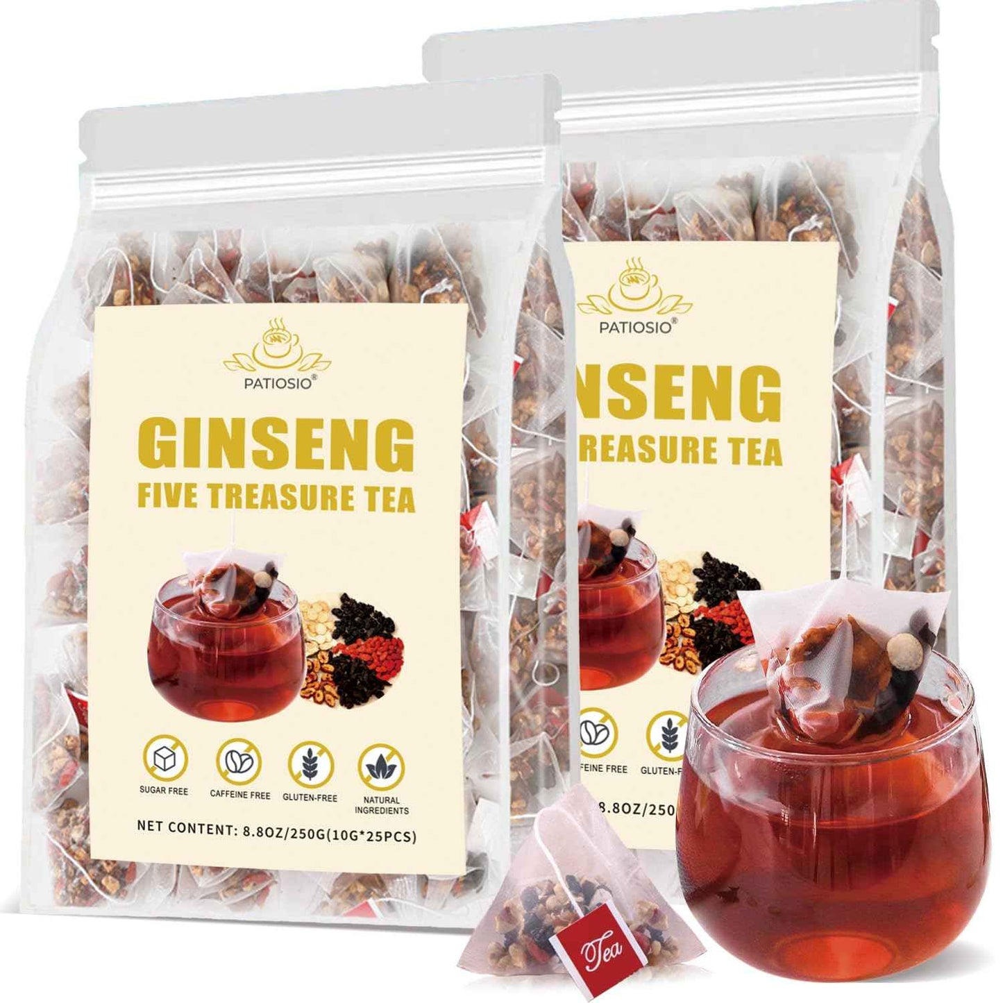 Ginseng Five Treasures Tea - Kidney Tea Wubao Tea, Kidney Cleanse Tea Ginseng Six Treasures Tea, Ginseng Red Date Natural Chinese Herbal Tea Bags for Men Women(250g/10g x25pcs)
