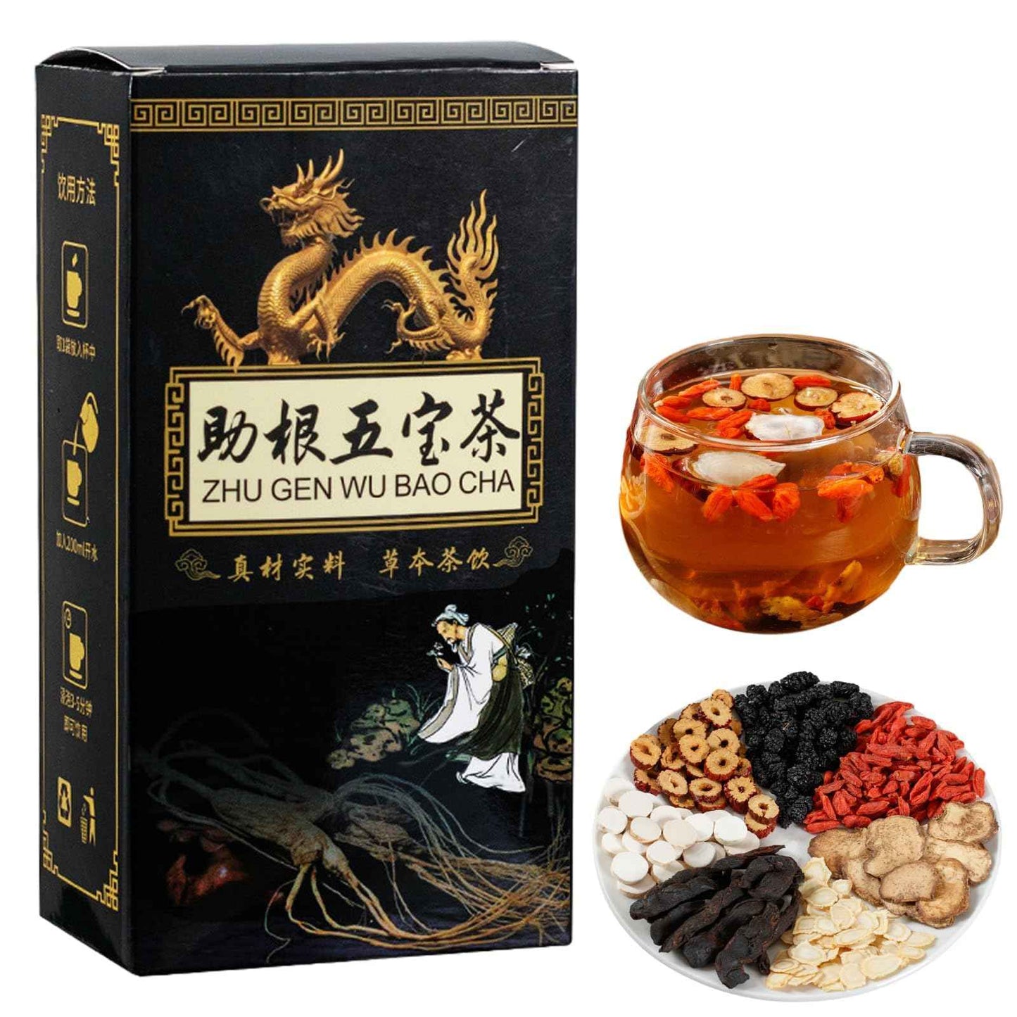 Ginseng Five Treasures Kidney Care Tea - Zhu Gen Wu Bao Cha - Men's Herbal Tea (20 bags/2 boxes)