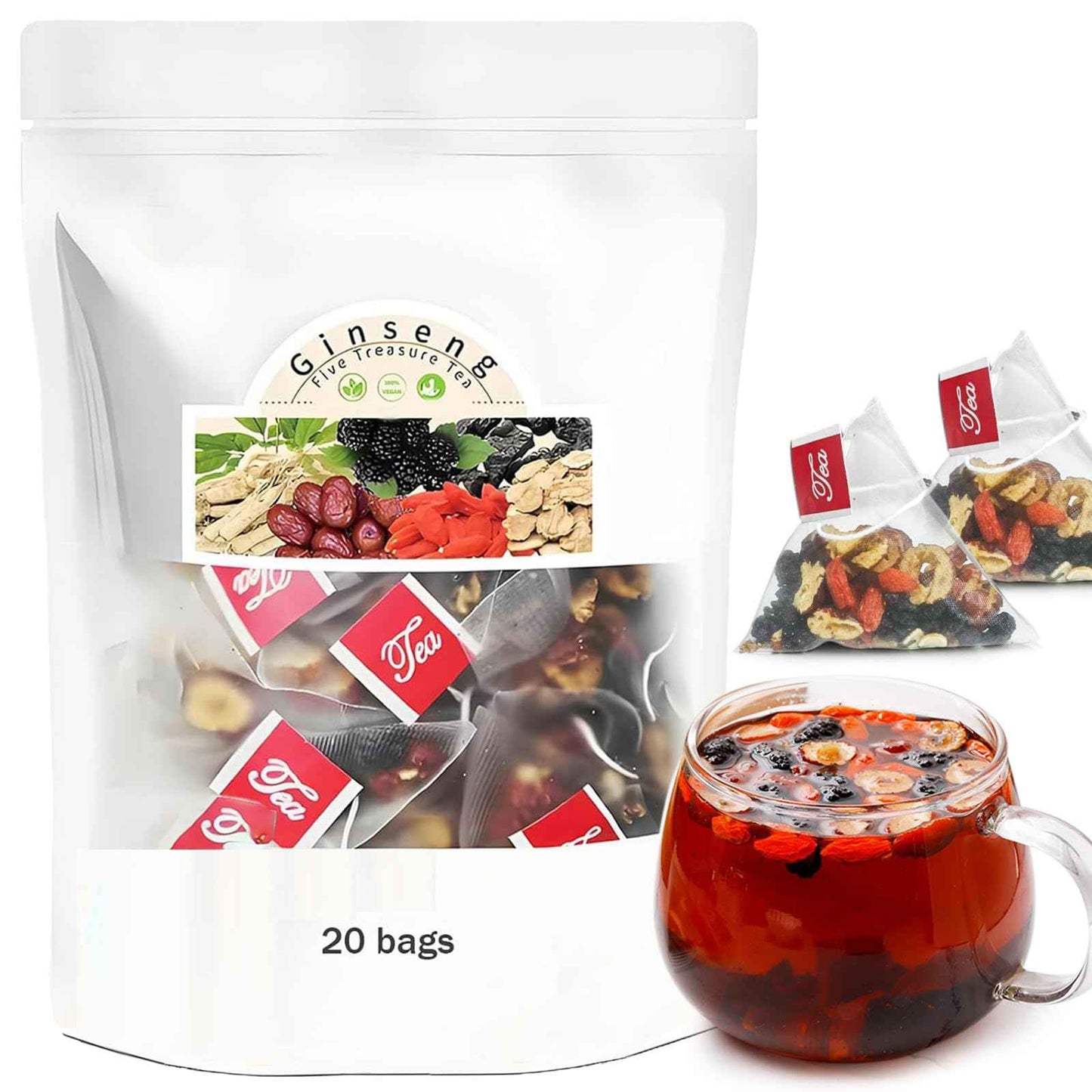 Ginseng Five Treasures Tea Kidney Tea - Kidney Cleanse Ginseng Six Treasures Teas, 6 Precious Ingredients Red Date Wolfberry Mulberry Natural Organic Detox Teabag for Women & Men (1 Bag(20 Teabag))
