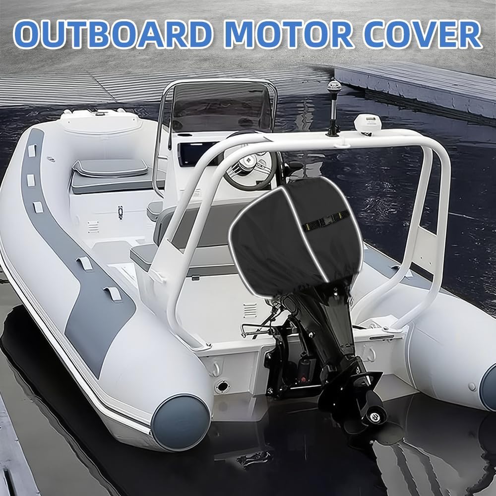 600D Outboard Motor Cover, Waterproof Fade and Crack Resistant Trailerable Boat Motor Covers,Windproof Boat Engined Covers with Adjustable Strap,Black (Fits 25-50HP)