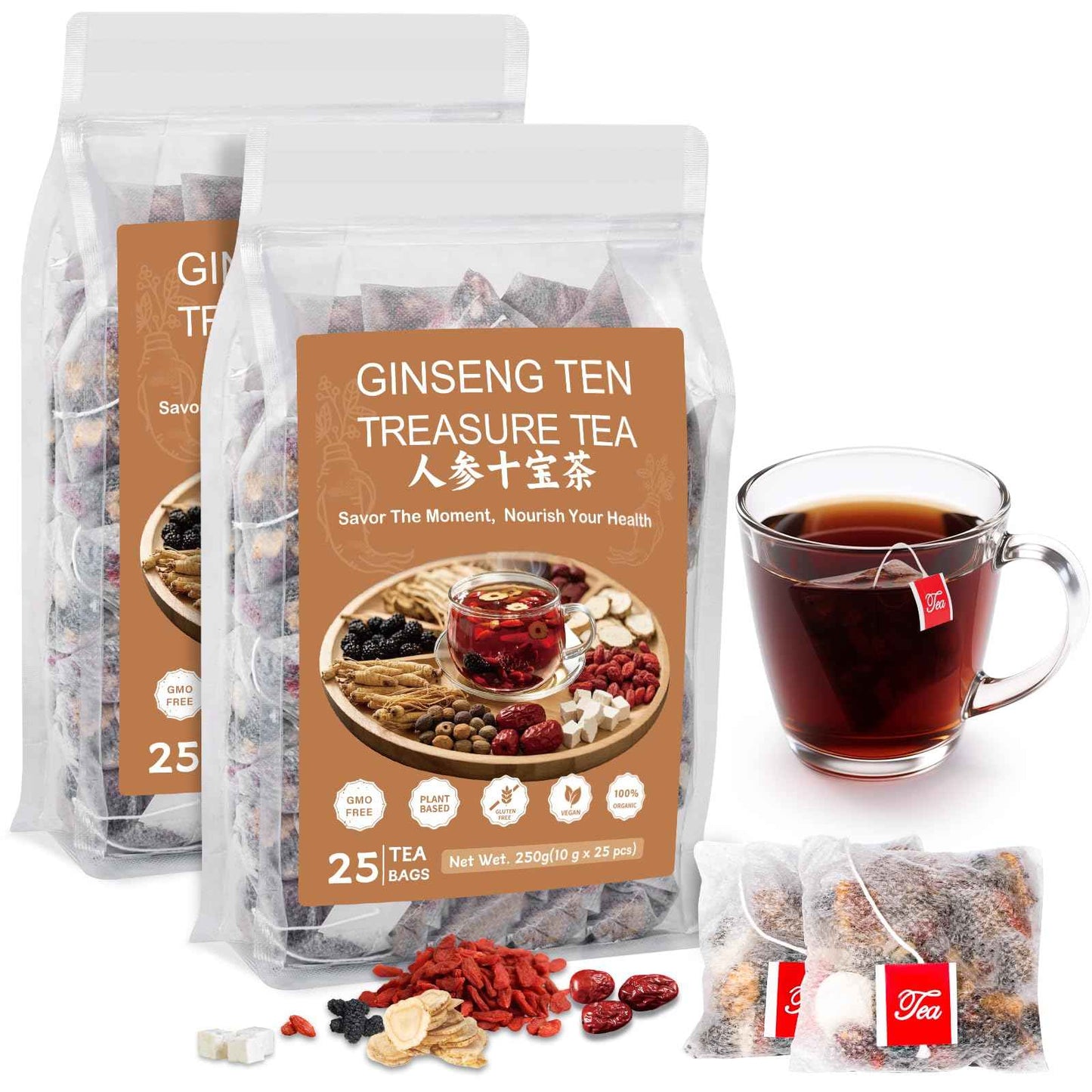 Ginseng Ten Treasure Tea Kidney Tea, Natural Chinese Herbal Kidney Cleanse Detox Teabag Support Liver & Kidneys Health for Men Women, No Additives, Caffeine Free(25 Bags/1 Pack)