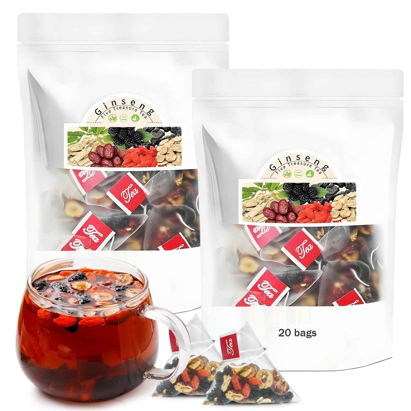 Ginseng Five Treasures Tea Kidney Tea - Kidney Cleanse Ginseng Six Treasures Teas, 6 Precious Ingredients Red Date Wolfberry Mulberry Natural Organic Detox Teabag for Women & Men (1 Bag(20 Teabag))