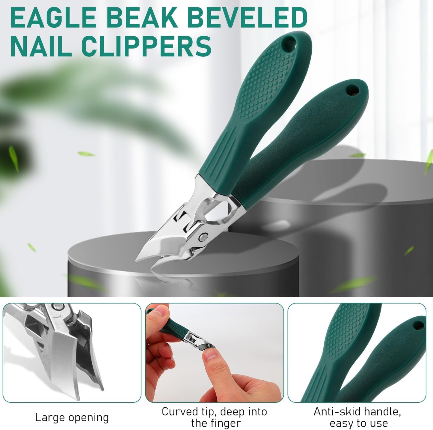 Eagle Beak Beveled Nail Clippers, Wide Jaw Opening Anti-Splash Slanted Nail Clipper, Splashproof Nail Clippers 3-Piece Set for Thick and Ingrown Nails, for Women and Men