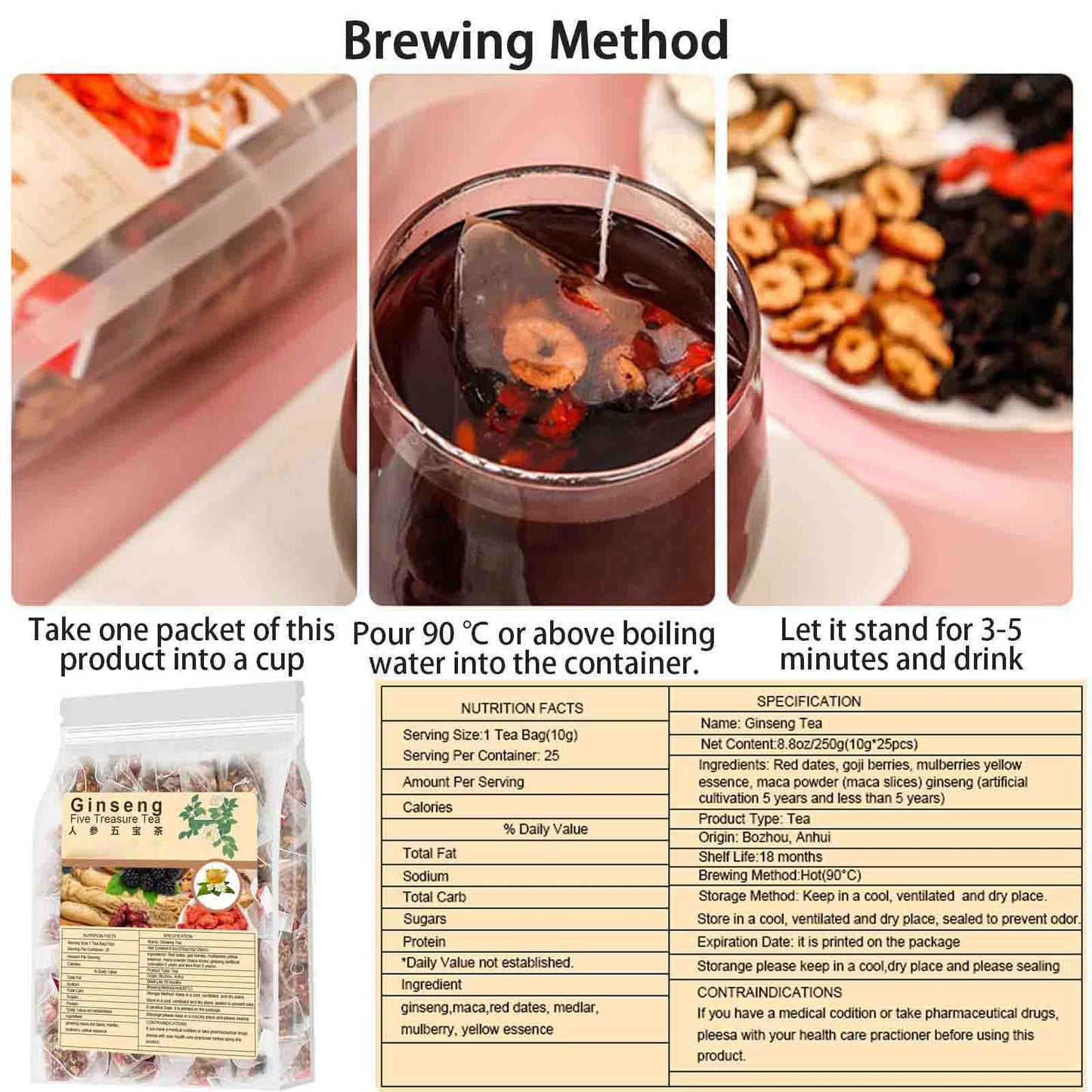 Ginseng Five Treasure Tea - Kidney Tea Formula Ginseng Six Treasure Goji Berry Red Date Mulberry Gouqi Chinese Kidney Cleanse TeaBag, Te De Riñon Saludable for Men Women (2Bag(50pcs))