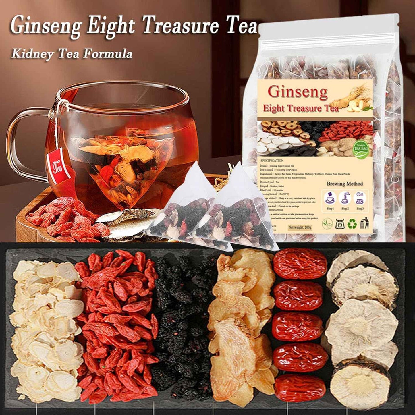 Ginseng Eight Treasure Tea, Kidney Tea Formula Ginseng Five Treasure, 10g*20PCS Red Date Wolfberry Mulberry Goji Berries Herbal Teabag