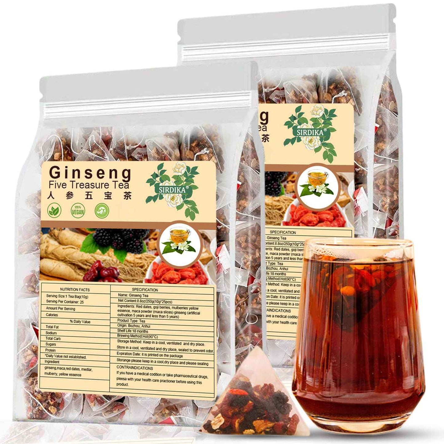 Ginseng Five Treasures Tea - Kidney Tea Wubao Tea Ginseng Red Date Natural Chinese Herbal Tea for Men Women 8.81oz (250g/10g x25pc), te de riñon Saludable Organica (1 Bag(25PC))