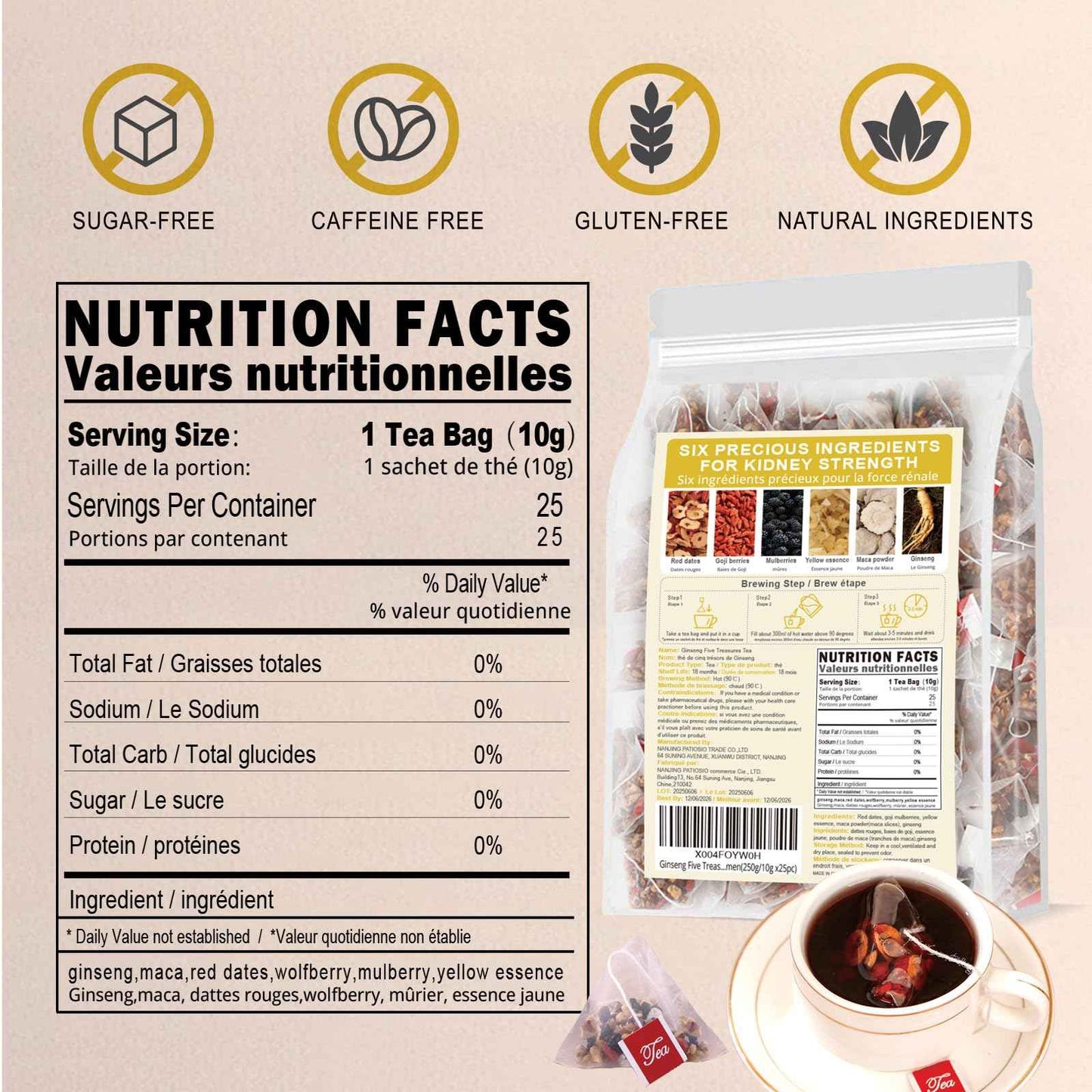 Ginseng Five Treasures Tea - Kidney Tea Wubao Tea, Kidney Cleanse Tea Ginseng Six Treasures Tea, Ginseng Red Date Natural Chinese Herbal Tea Bags for Men Women(250g/10g x25pcs)