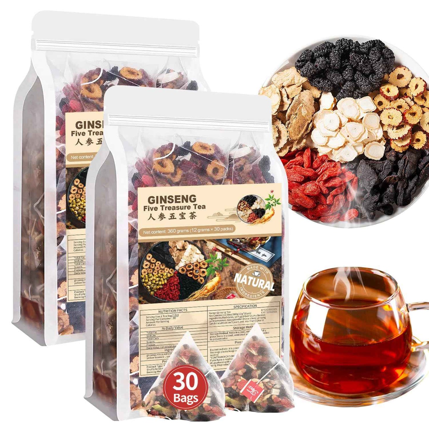 Teeo Deeo Kidney Tea Formula Ginseng Six Treasure Tea – Premium Herbal Blend for Wellness, Detox & Vitality | Natural Herbal Ginseng Teas for Kidney Detox Digestion & Immunity Boost | 7 Precious Ingredients Formula (30 Bags/1 Pack)