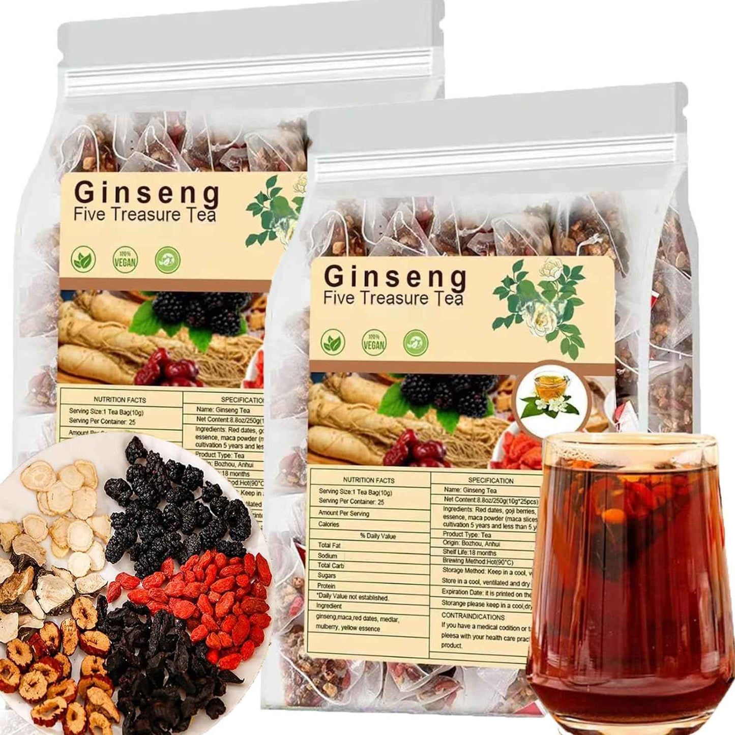 Ginseng Five Treasures Tea - Kidney Tea Formula Ginseng Six Treasure 6 Ingredients Wubao Herbal Red Date Natural Chinese Cleanse for Men Women, te de riñon Saludable Organica (2Pack-50Bags)