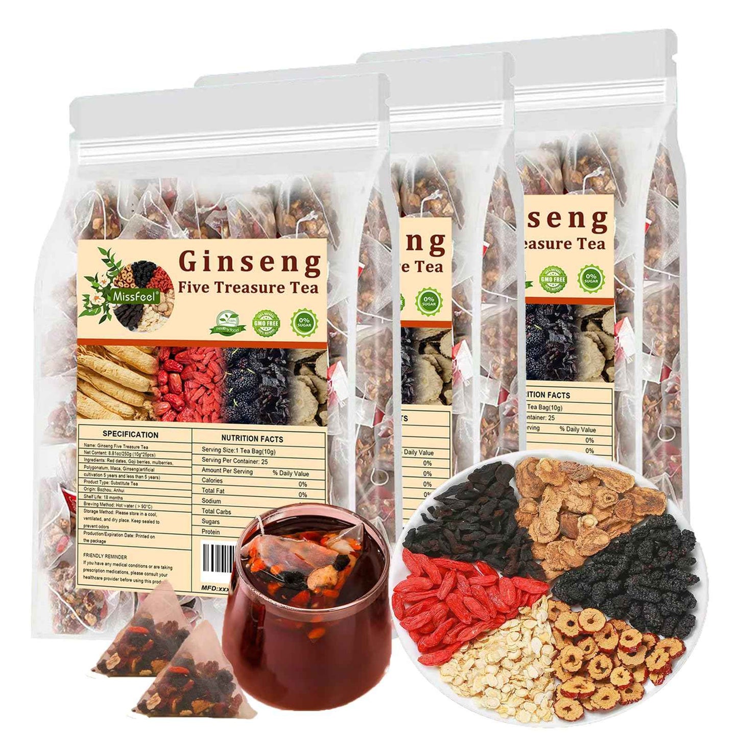 Ginseng Five Treasure Tea, Kidney Tea Formula Ginseng Six Treasure Natural Detox for Men & Women, Organic Chinese Herbal Tea, 6 Precious Ingredients Formula (2 Bags 50 Pcs)