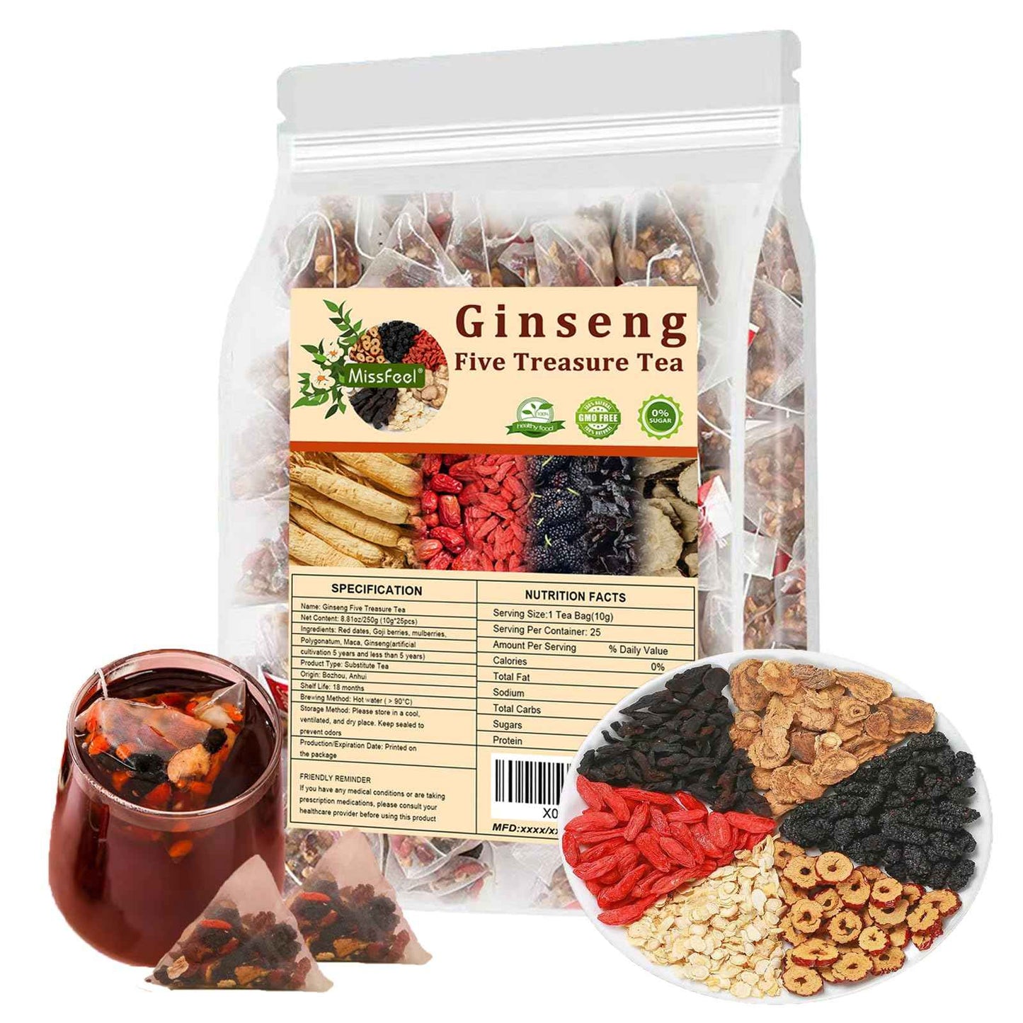 Ginseng Five Treasure Tea, Kidney Tea Formula Ginseng Six Treasure Natural Detox for Men & Women, Organic Chinese Herbal Tea, 6 Precious Ingredients Formula (2 Bags 50 Pcs)