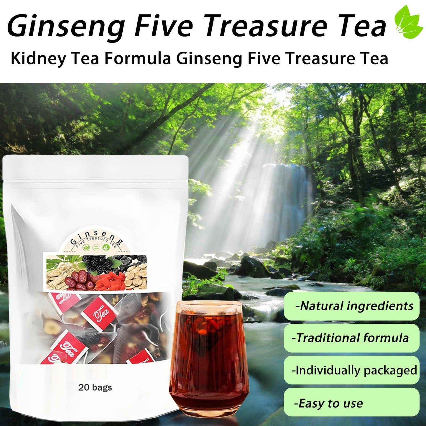 Kidney Tea Formula Ginseng Six Treasure Tea, Ginseng Five Treasure Teas, Kidney Cleanse Detox Beverage for Women & Men, Nnatural Ingredients Sweet Taste and Aroma -40bags