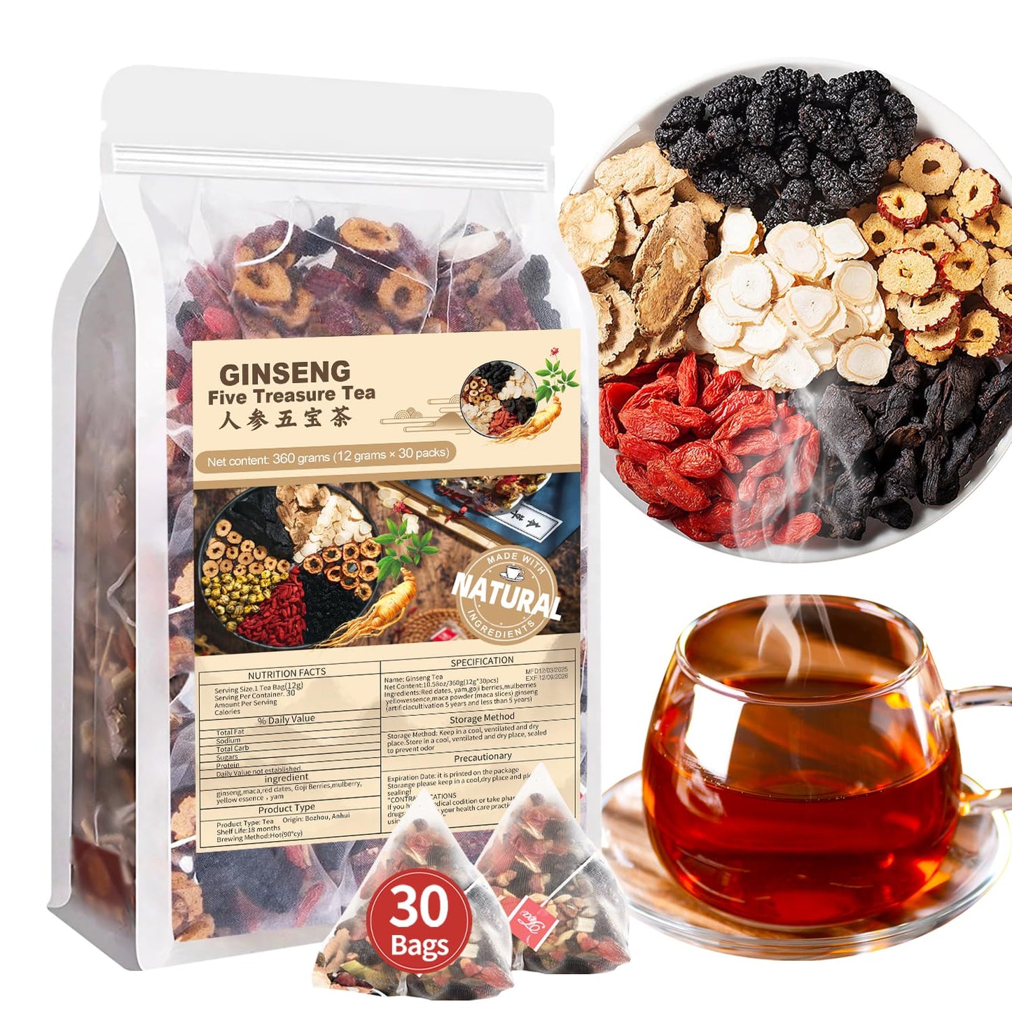 Teeo Deeo Kidney Tea Formula Ginseng Six Treasure Tea – Premium Herbal Blend for Wellness, Detox & Vitality | Natural Herbal Ginseng Teas for Kidney Detox Digestion & Immunity Boost | 7 Precious Ingredients Formula (30 Bags/1 Pack)