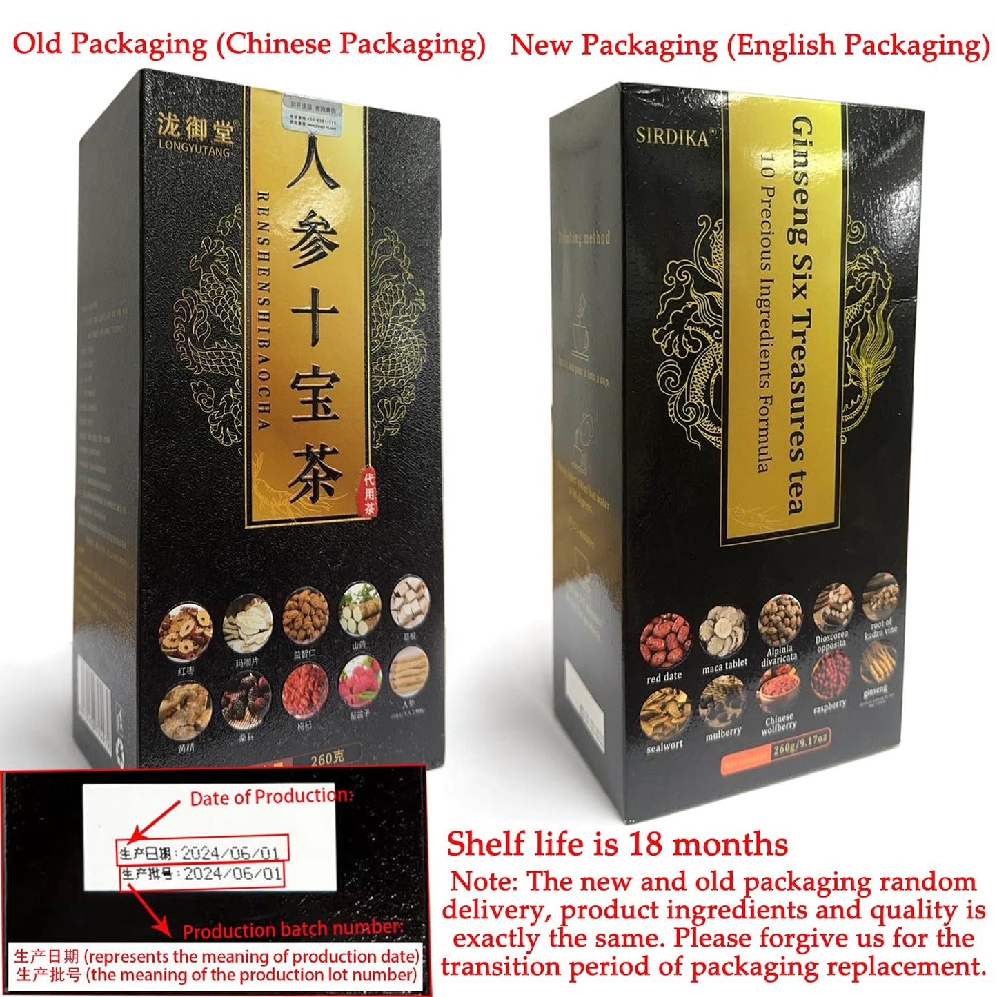 Kidney tea formula Ginseng Six Treasure Tea, 10 Precious Ingredients Formula, 260g/Box Ginseng Five Treasure Aid Root Kidney Tea, Men's Kidney Tea Chinese Herbal Tea (10 bags/1Box)