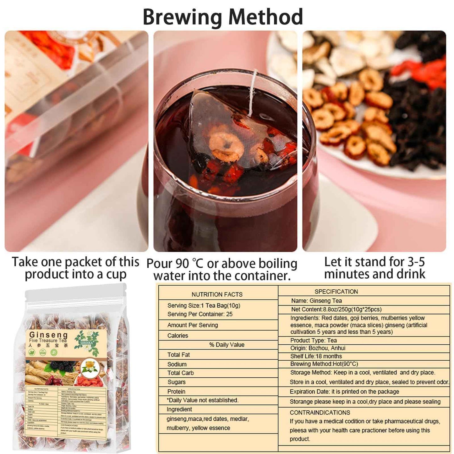 Ginseng Five Treasures Tea - 25Bags Chinese Kidney Wubao Ginseng Tea, te de riñon Saludable Organica (2)