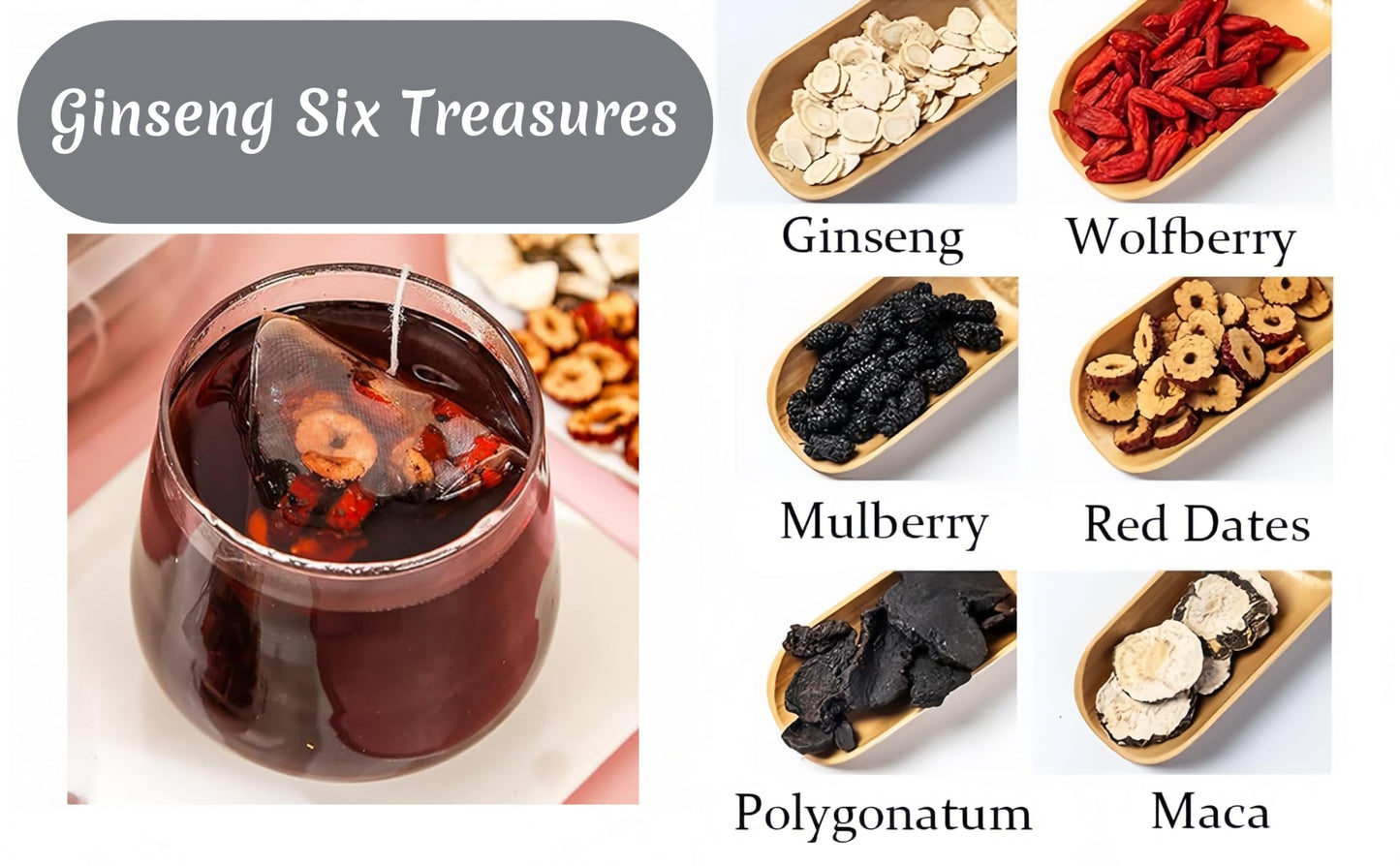 Ginseng Six Treasure Kidney Detox Tea - 20 Triangular Herbal Tea Bags, All-Natural Chinese Formula with Maca, Jujube & Wolfberry (Caffeine-Free, No Sugar)