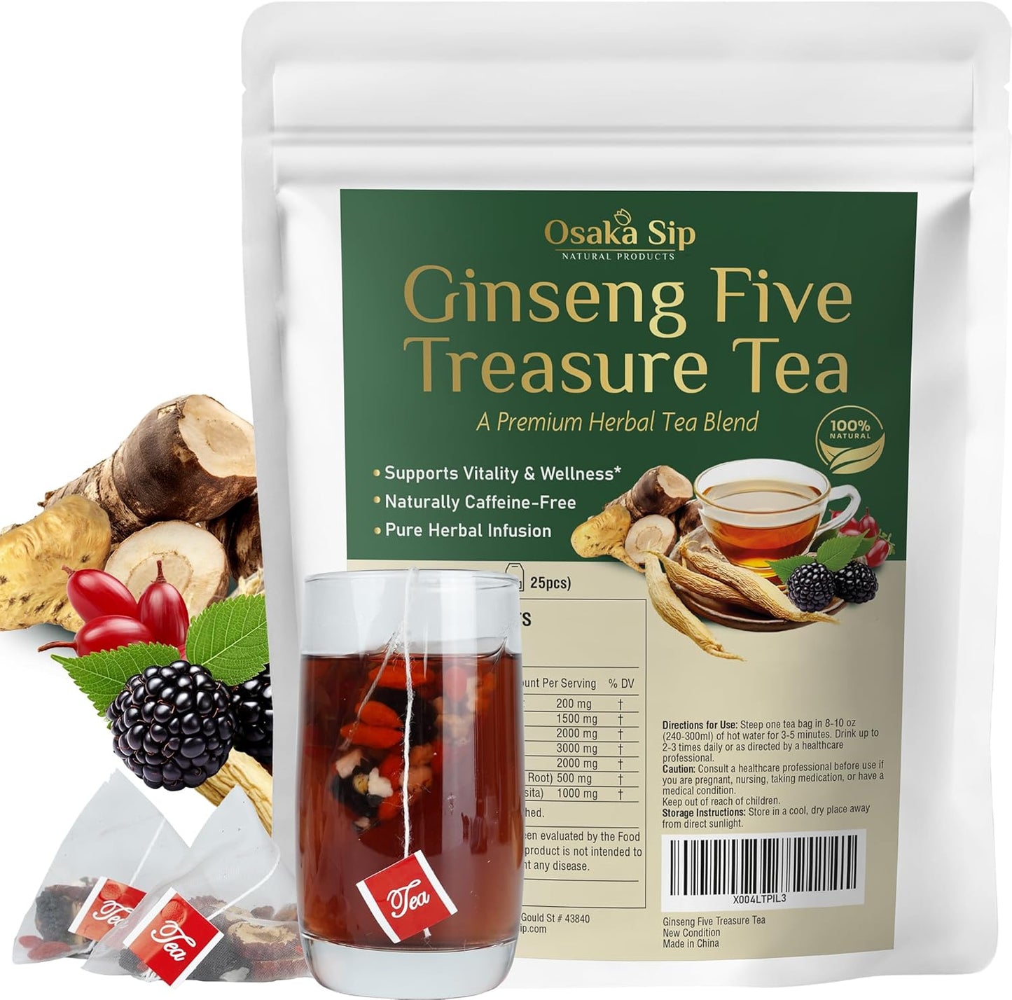 Ginseng Five Treasures Tea Bags - Men Women Kidney Health Chinese Herbal Formula for Natural Detox Cleanse - 7 Cleansing Treasure with Goji Berry Mulberry Wolfberry (25 Bags)