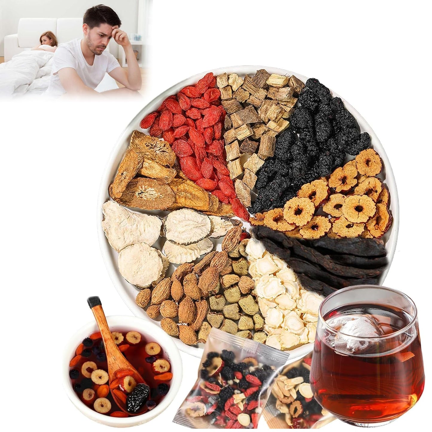 Kidney Tea Formula Ginseng Ten Treasure Tea, 10 Precious Ingredients Formula, Natural Chinese Herbal Organic for Men & Women (20 bags/2Box)