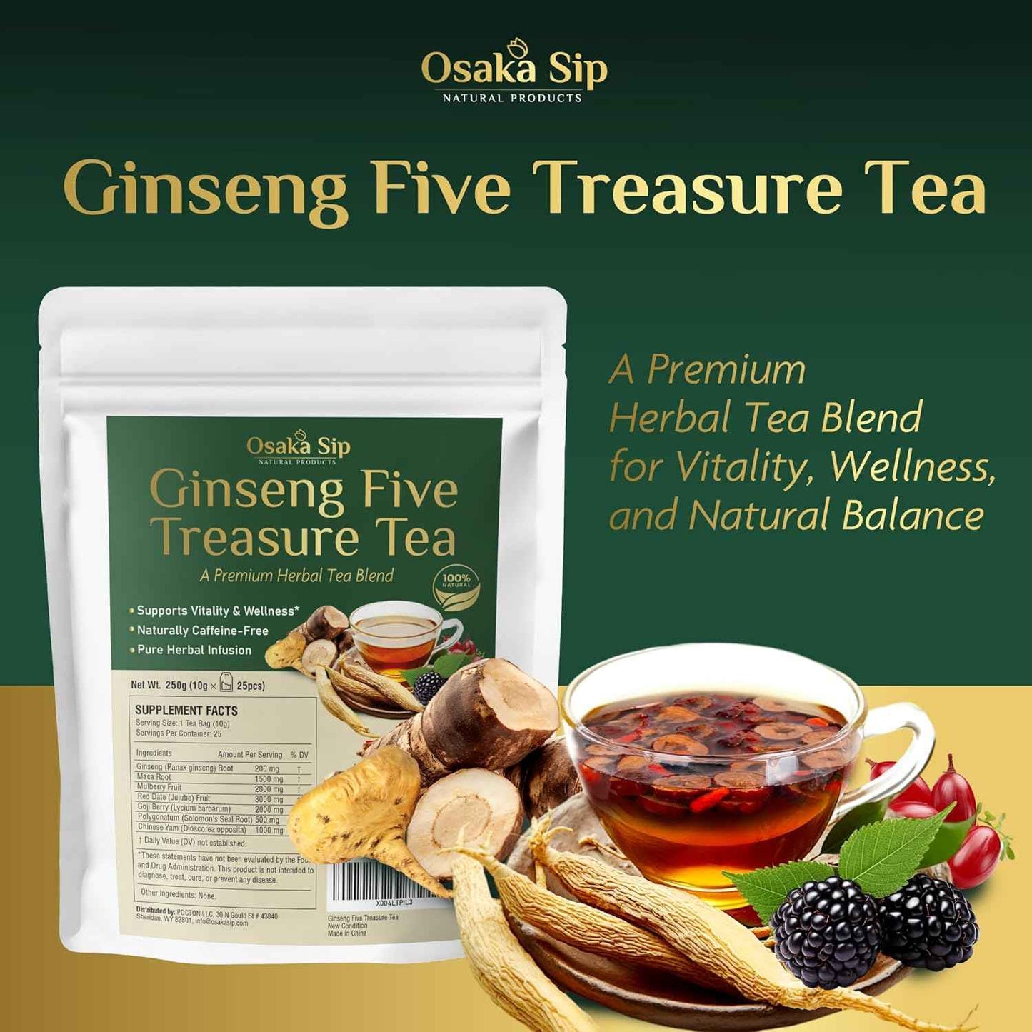 Ginseng Five Treasures Tea Bags - Men Women Kidney Health Chinese Herbal Formula for Natural Detox Cleanse - 7 Cleansing Treasure with Goji Berry Mulberry Wolfberry (25 Bags)