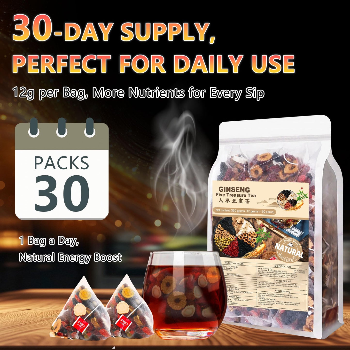 Teeo Deeo Kidney Tea Formula Ginseng Six Treasure Tea – Premium Herbal Blend for Wellness, Detox & Vitality | Natural Herbal Ginseng Teas for Kidney Detox Digestion & Immunity Boost | 7 Precious Ingredients Formula (30 Bags/1 Pack)