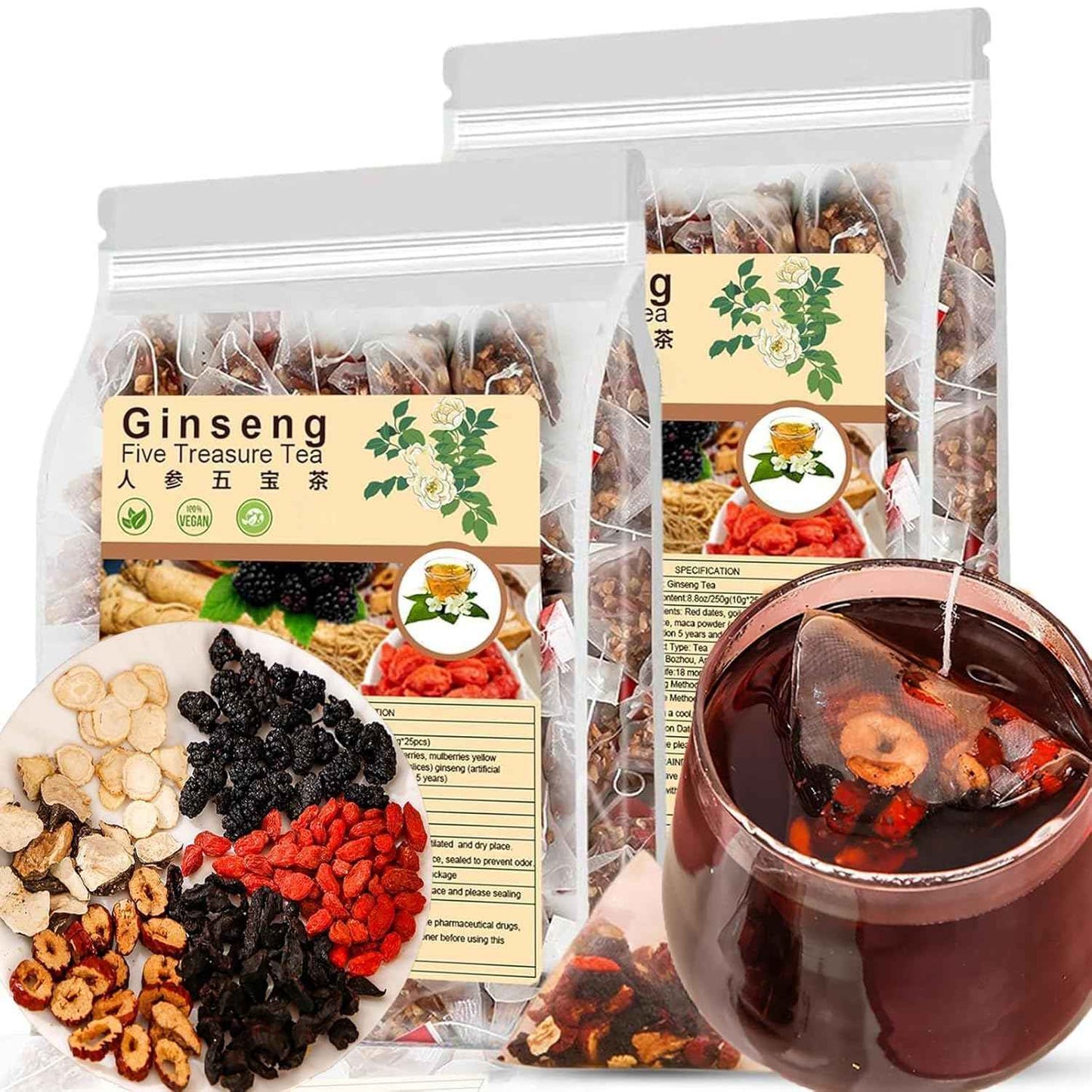 Ginseng Five Treasures Tea - 25Bags Chinese Kidney Wubao Ginseng Tea, te de riñon Saludable Organica (2)