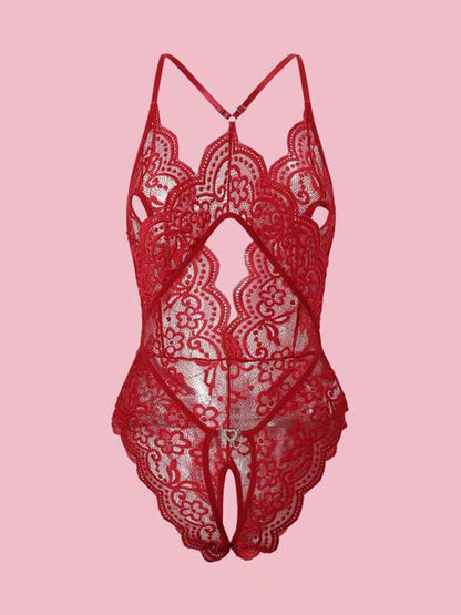 Deep V Lace Backless Bodysuit, Crotchless Open Bra Erotic Lingerie & Underpants, Women's Sexy Clothing